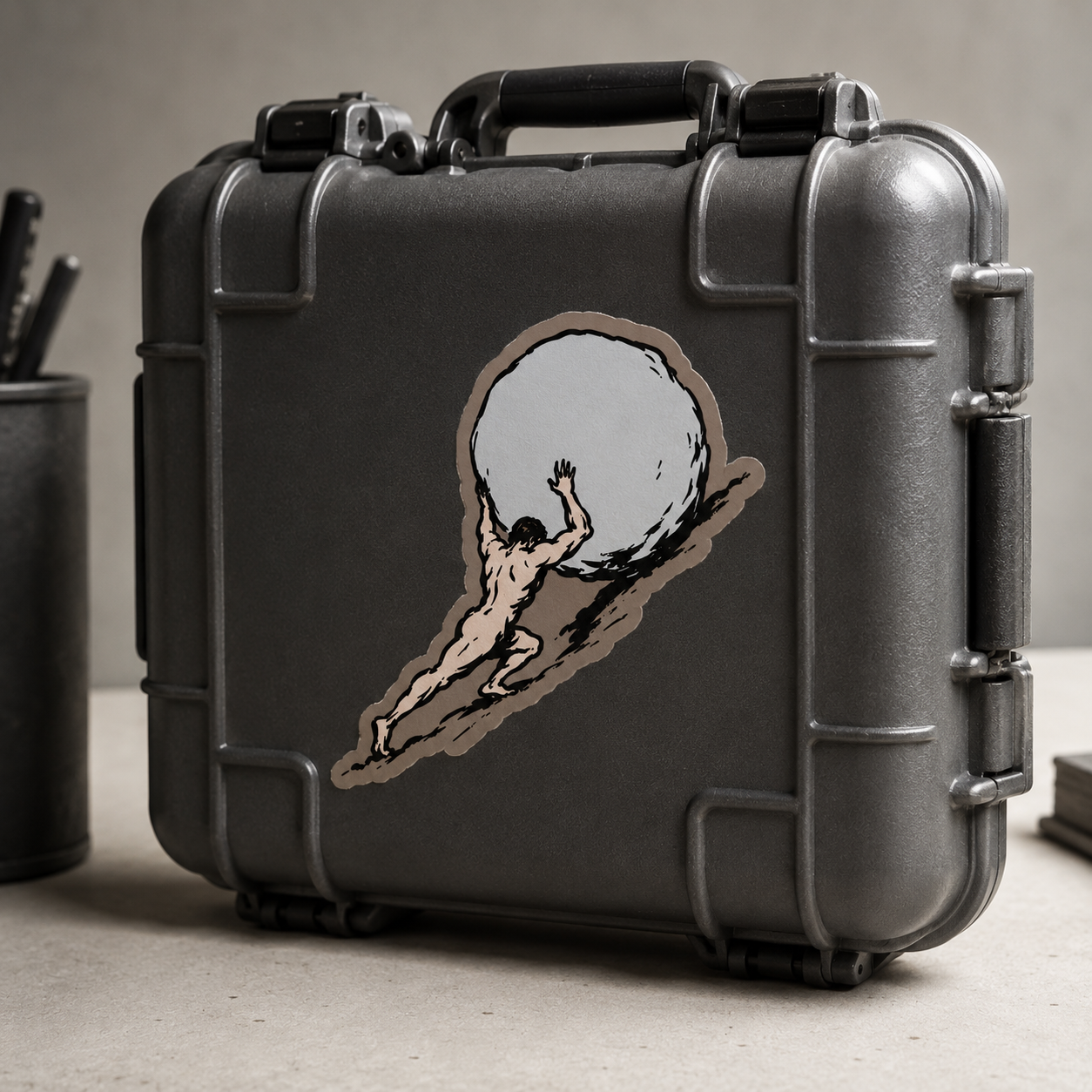 Black hard-shell case with a graphic design of a person pushing a boulder, on a neutral background.