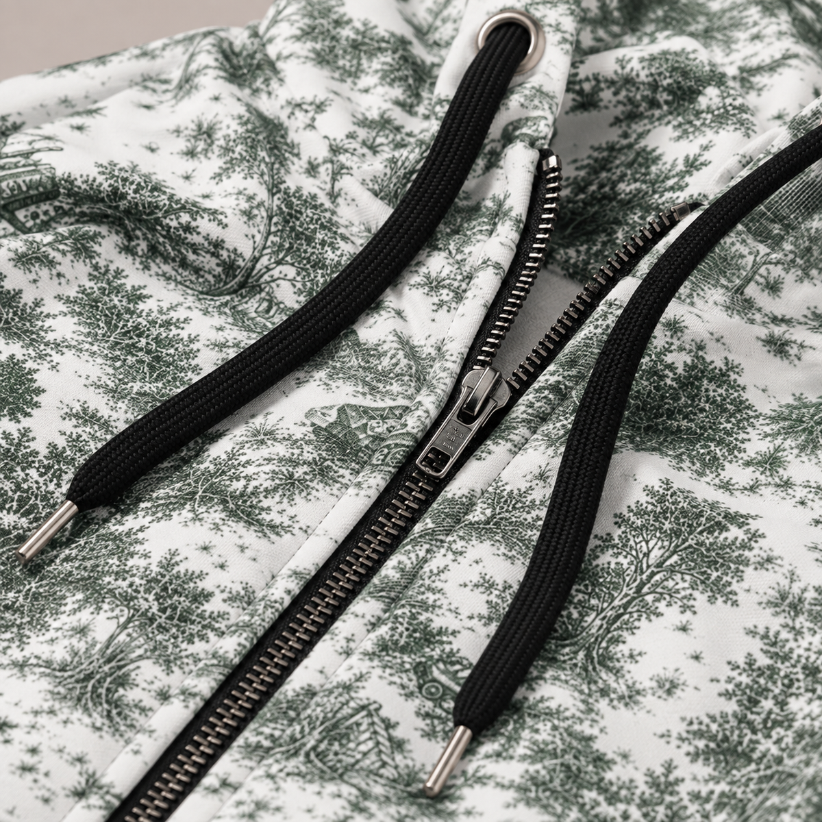 Close-up of a zippered hoodie with a green toile de Jouy pattern on a white background, featuring black drawstrings and a silver zipper.
