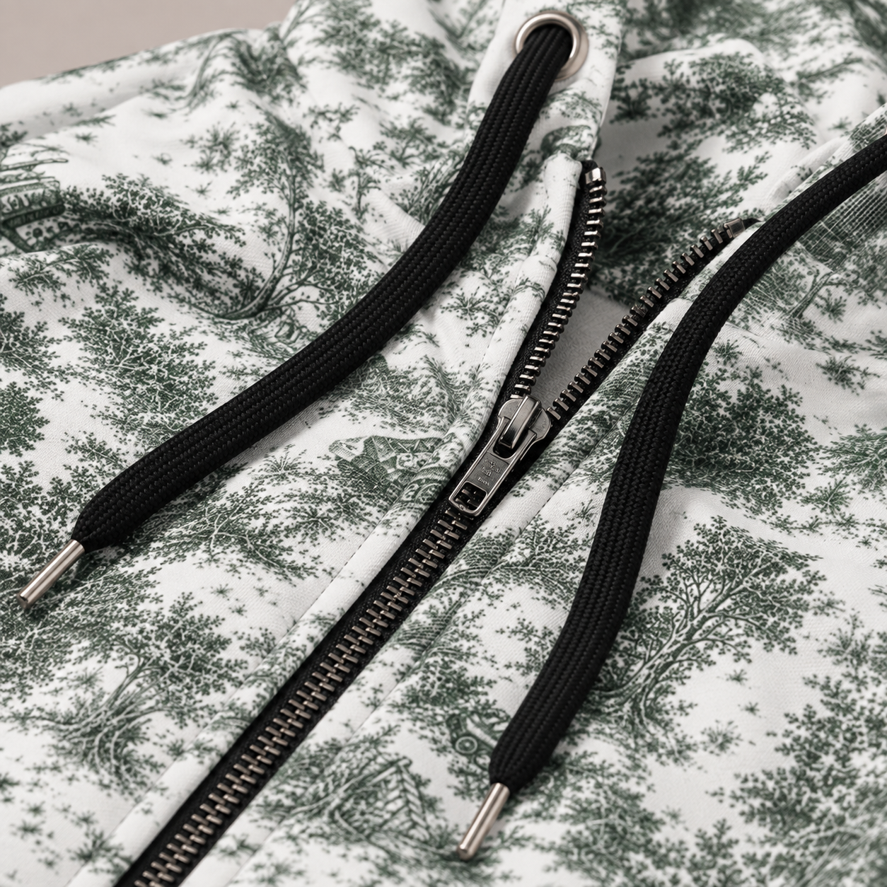 Close-up of a zippered hoodie with a green toile de Jouy pattern on a white background, featuring black drawstrings and a silver zipper.