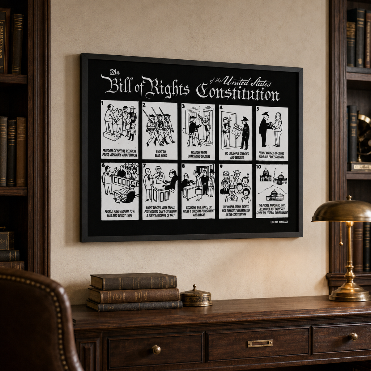 A framed black-and-white educational poster of 'The Bill of Rights for the United States' hanging on a beige wall in a classic library or study setting, with bookshelves, a desk, and a brass lamp visible.