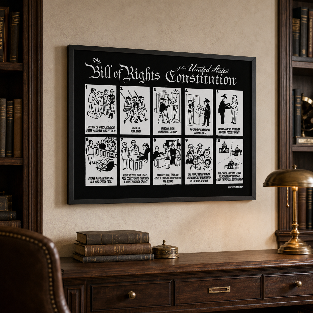 A black canvas print featuring 'The Bill of Rights Constitution' in white text, with ten black-and-white illustrated panels explaining the historical amendments. The canvas is shown against a plain white background with a soft drop shadow.