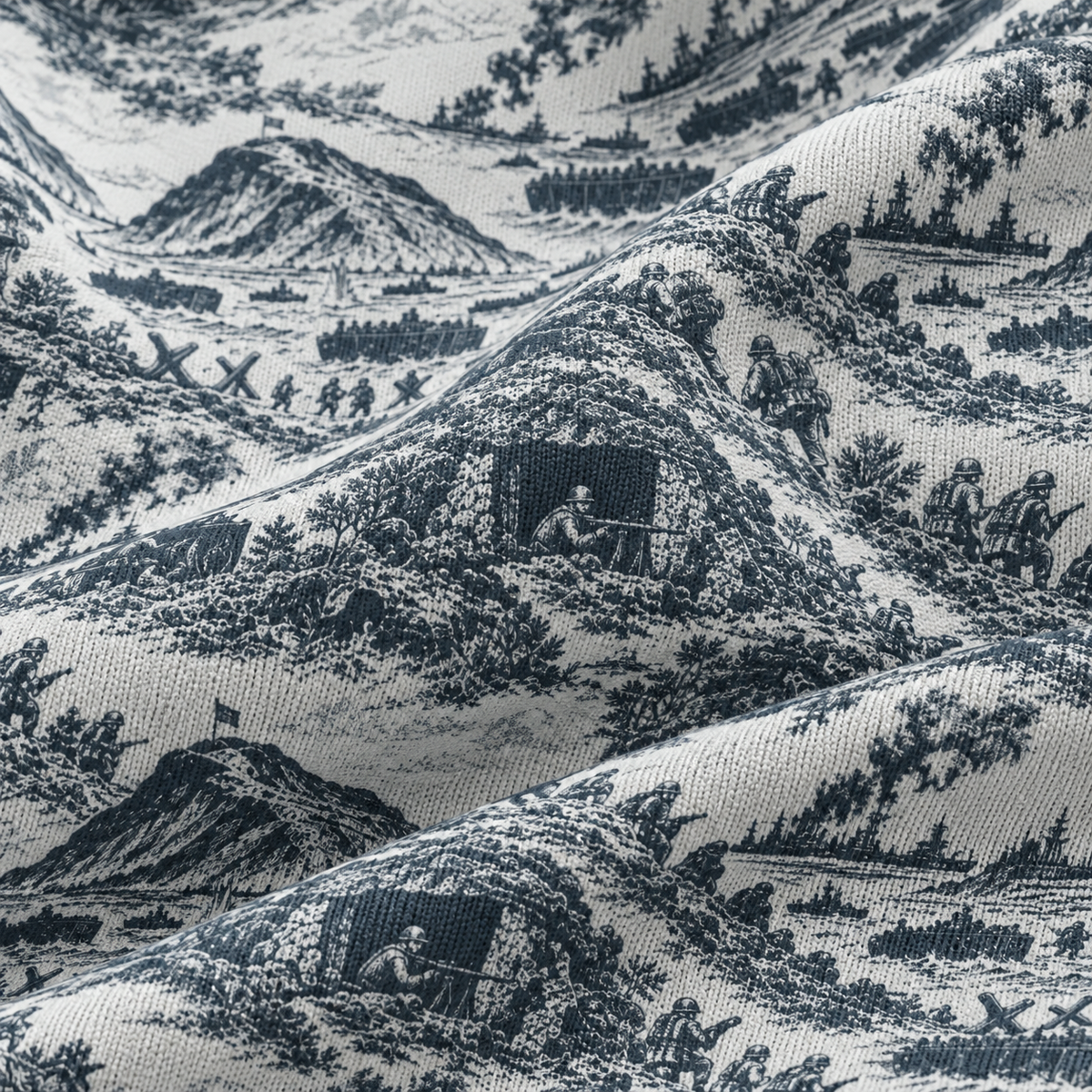 Macro close-up of Iwo Jima hoodie fabric with engraved-style WWII battle scenes