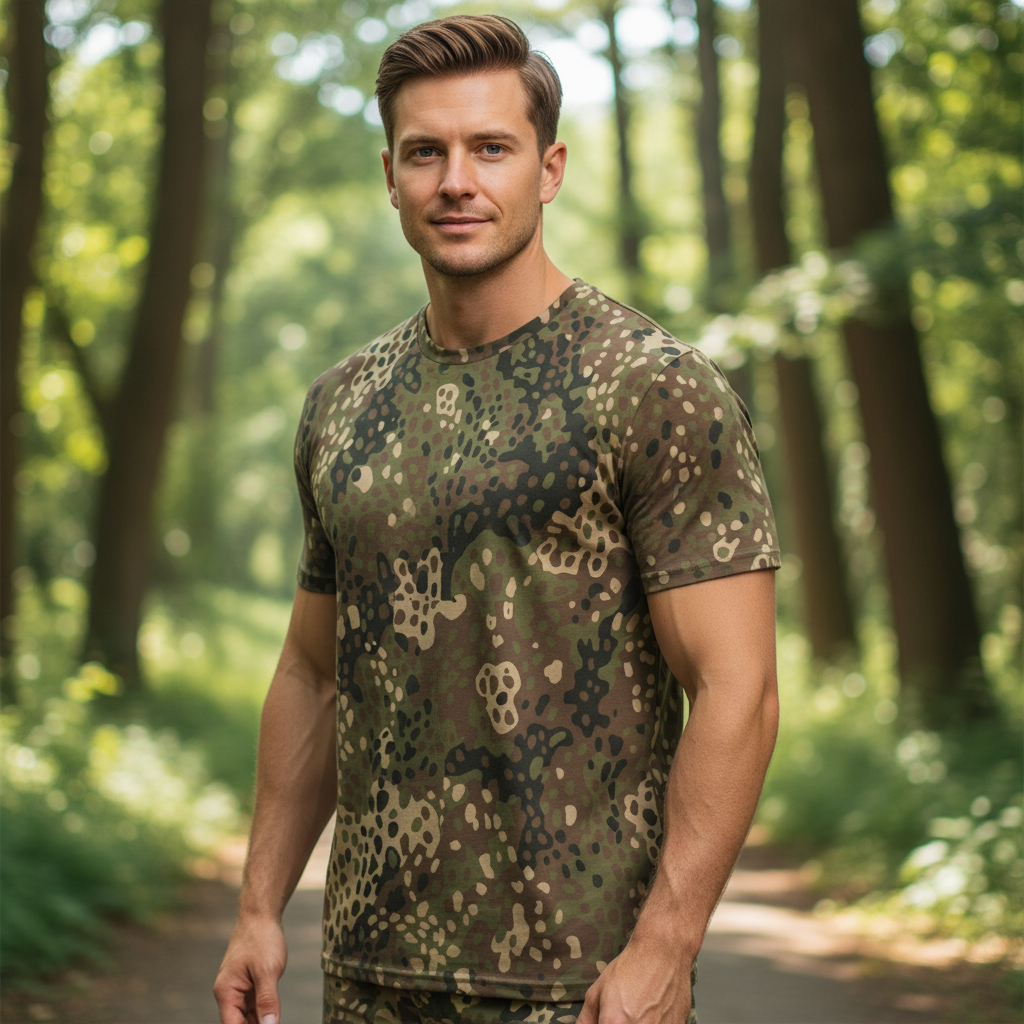 Man wearing a Erbsenmuster Men’s Cotton Crew Neck  camouflage t-shirt in a forest setting