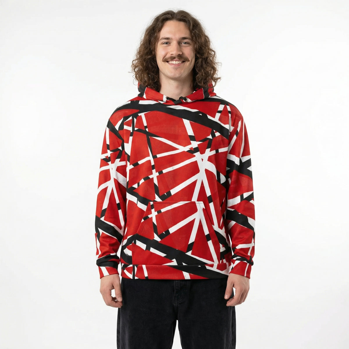 Person wearing a red and black geometric patterned Frankenstripes Cotton hoodie on a white background