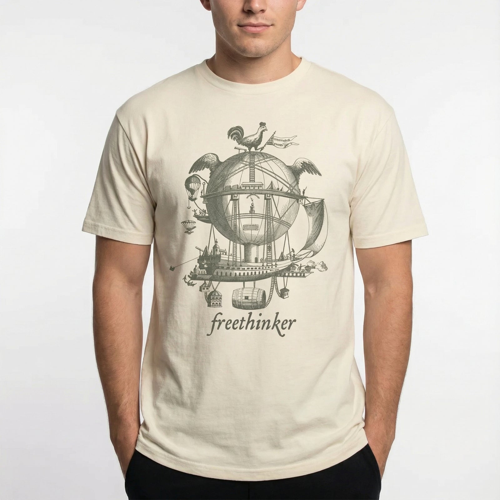 Person wearing a beige t-shirt with a graphic design and the word 'freethinker' on a white background