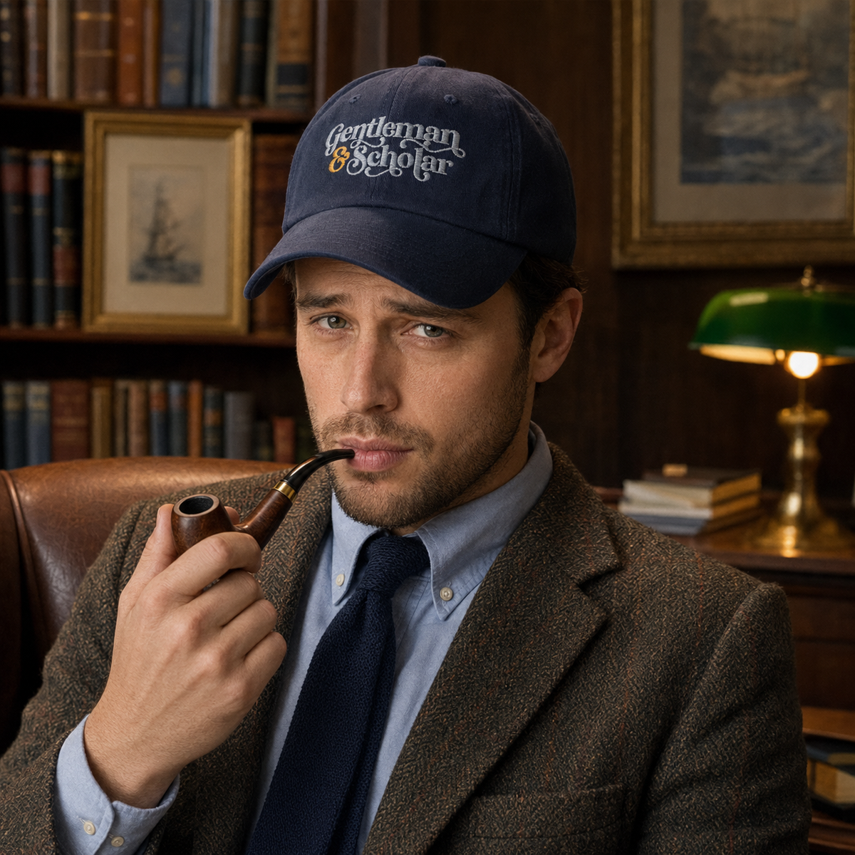 A man in a brown tweed jacket, light blue dress shirt, and dark tie sits in a library wearing a navy blue cap with the embroidered text 'Gentleman &amp; Scholar'. He is holding a smoking pipe to his lips.