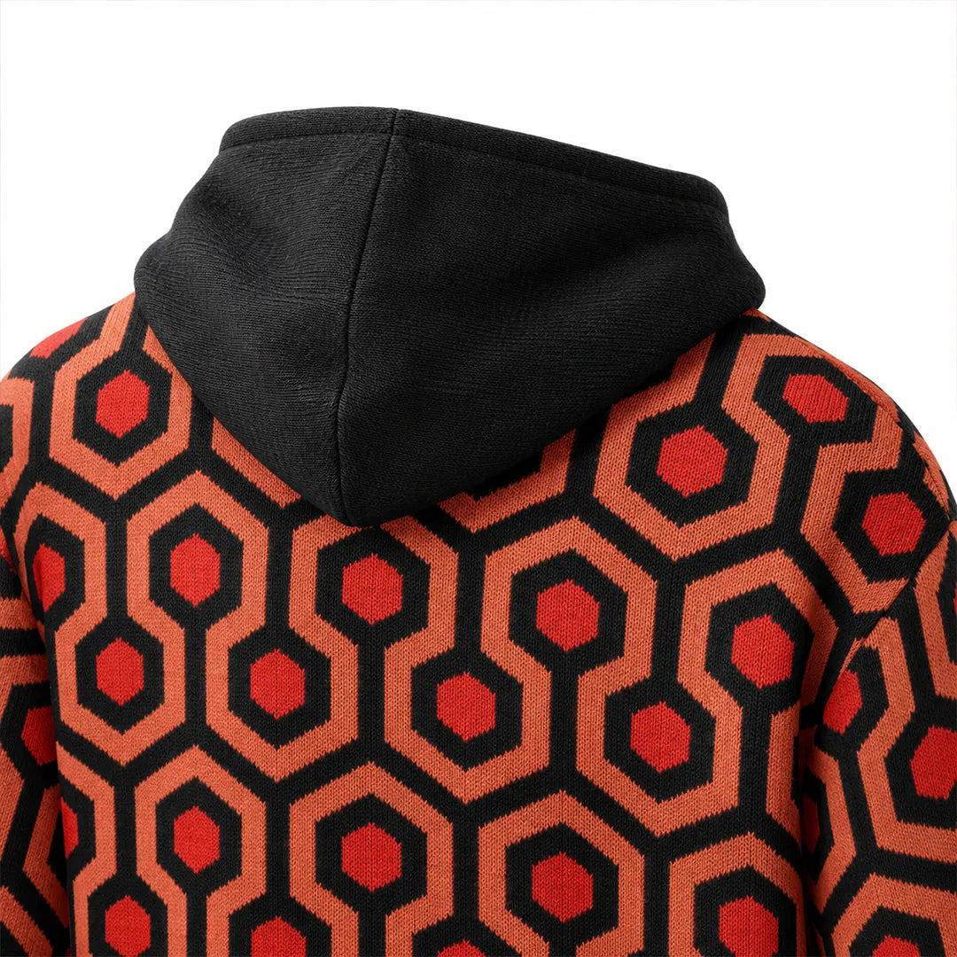 Rear hood detail of Overlook Knit Hoodie with geometric knitted pattern and black trim