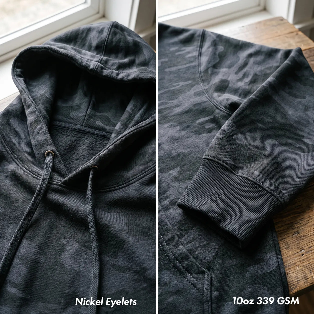 A dark charcoal gray camouflage hoodie shown in a split close-up view. The left panel shows the hood and drawstrings with the text 'Nickel Eyelets' at the bottom.