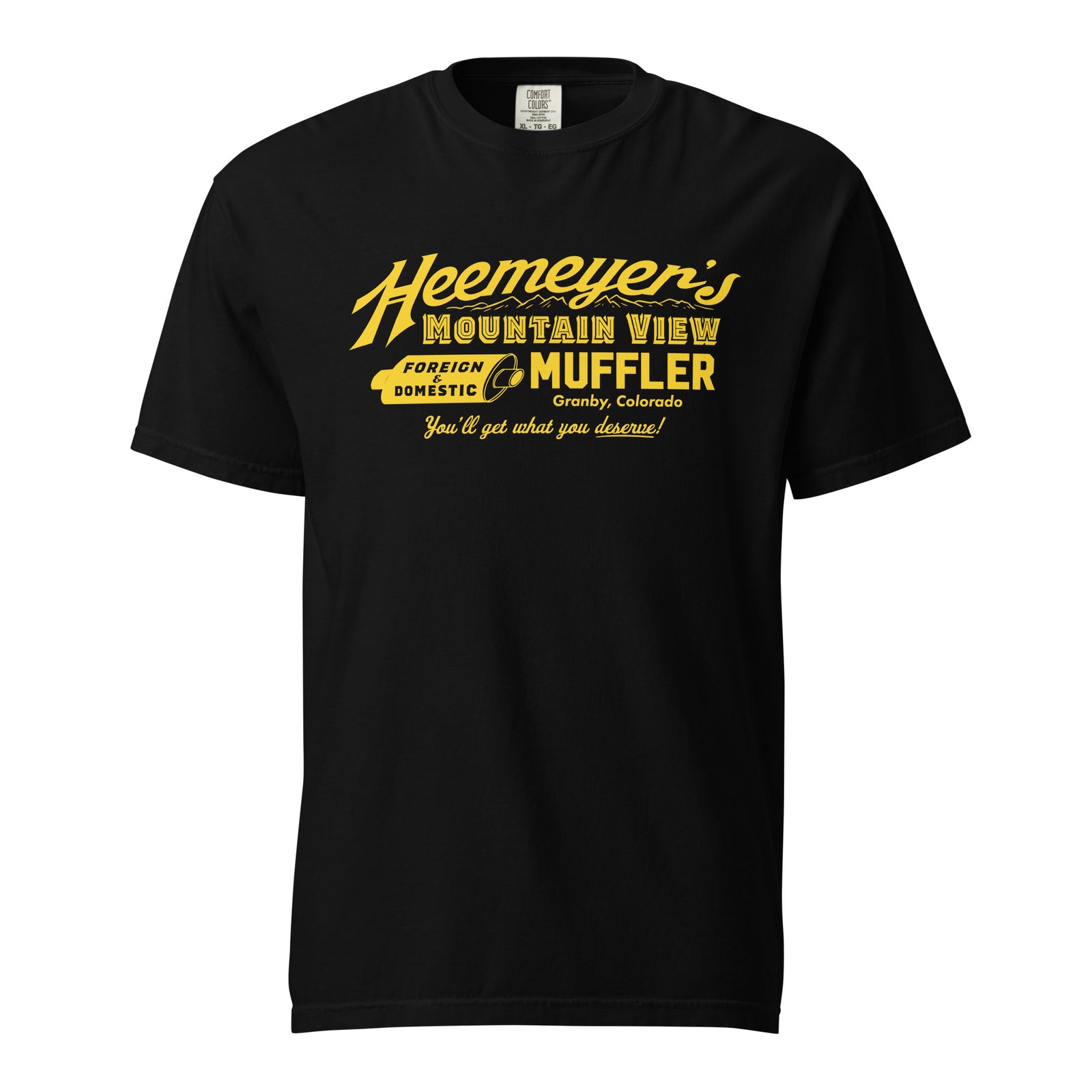 Heavyweight t-shirt by Liberty Maniacs, featuring Marvin Heemeyer's Mountain View Muffler shop logo.