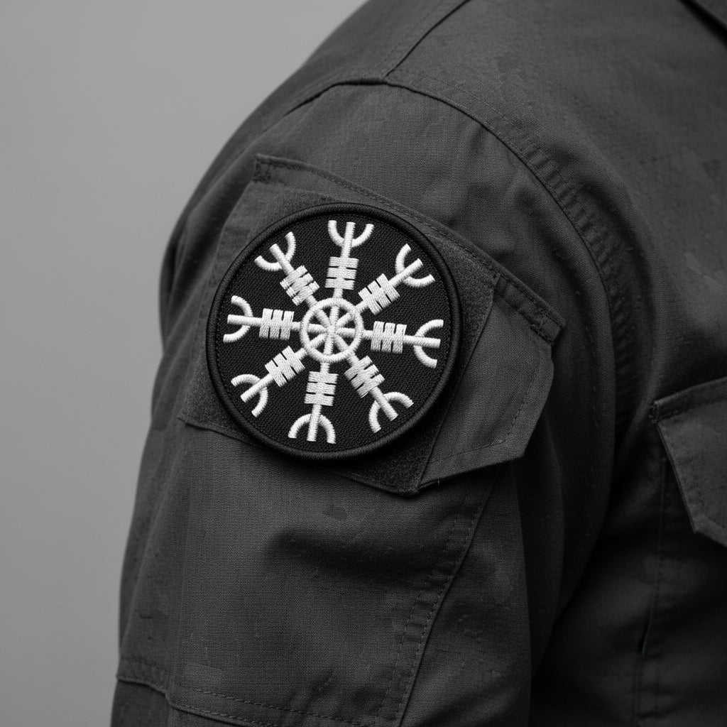 Black and white embroidered patch with a geometric design on a light gray background