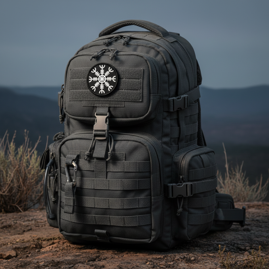 Tactical backpack with a emblem on the back against a mountainous landscape