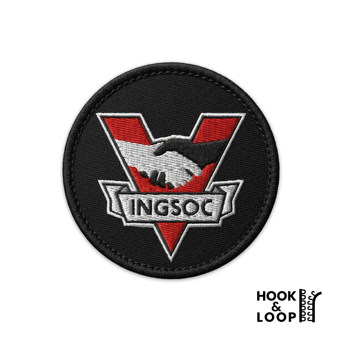 Patch with 'INGSOC' logo on a black background