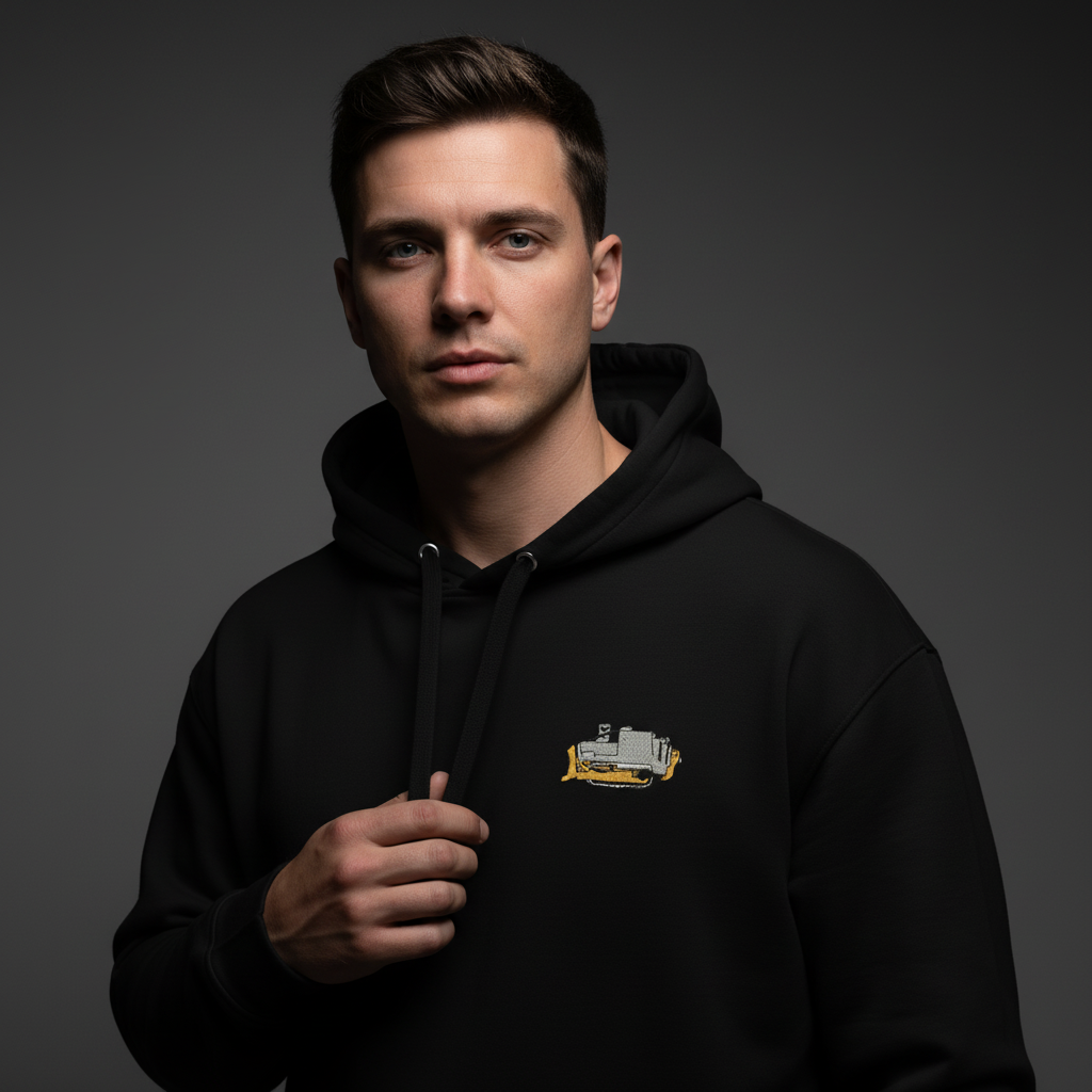 Man wearing a black hoodie with a Killdozer logo embroidered on the chest by Liberty Maniacs