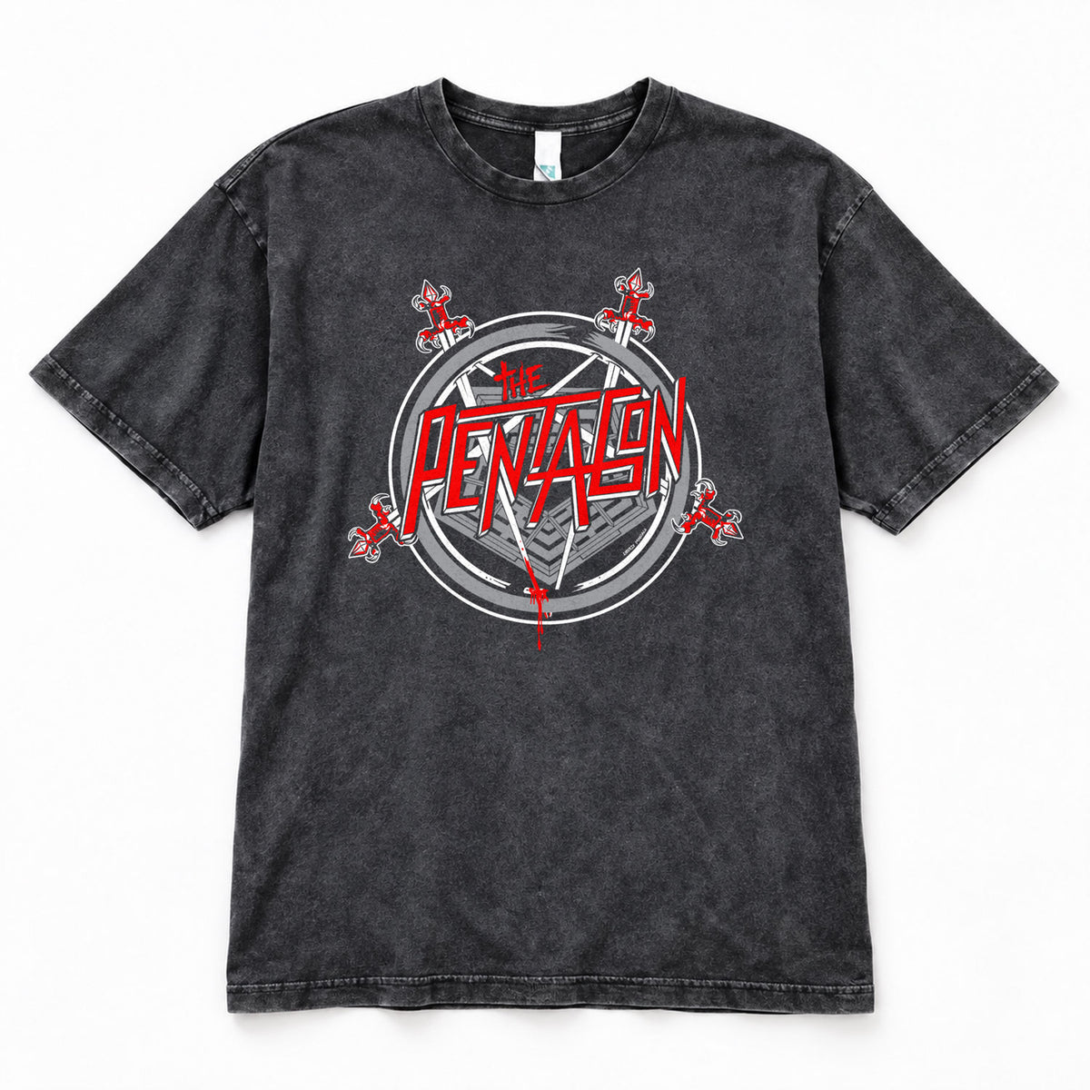 The Pentagon vintage concert graphic tee in mineral-washed Vintage Black, front product photograph