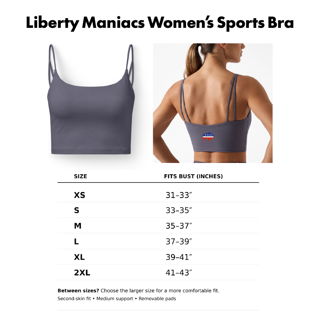 Liberty Maniacs Women's Sports Bra size chart and fit guide, showing a front view of a dark gray sports bra, a back view on a model, and a size table with bust measurements for XS through 2XL.