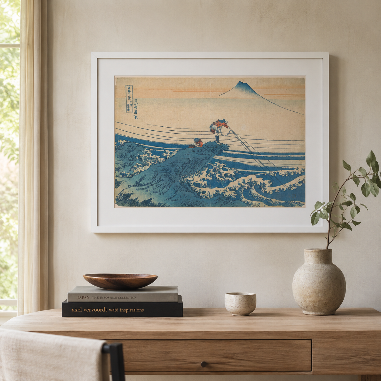 18×24 Kajikazawa in Kai Province Hokusai print in white frame with mat, front view