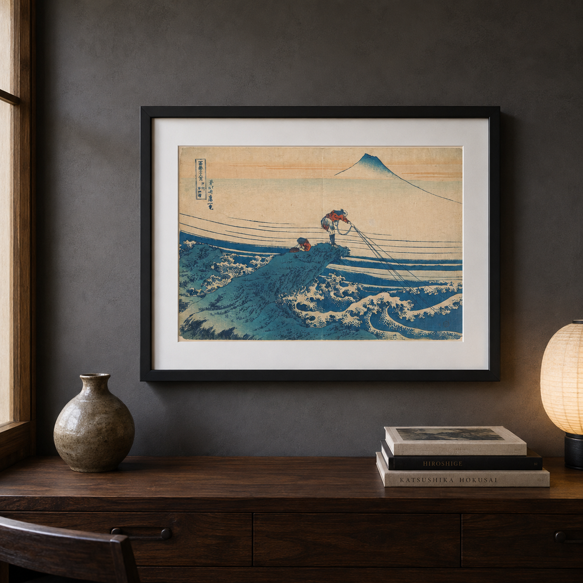 18×24 Kajikazawa in Kai Province Hokusai print in black frame with mat, front view