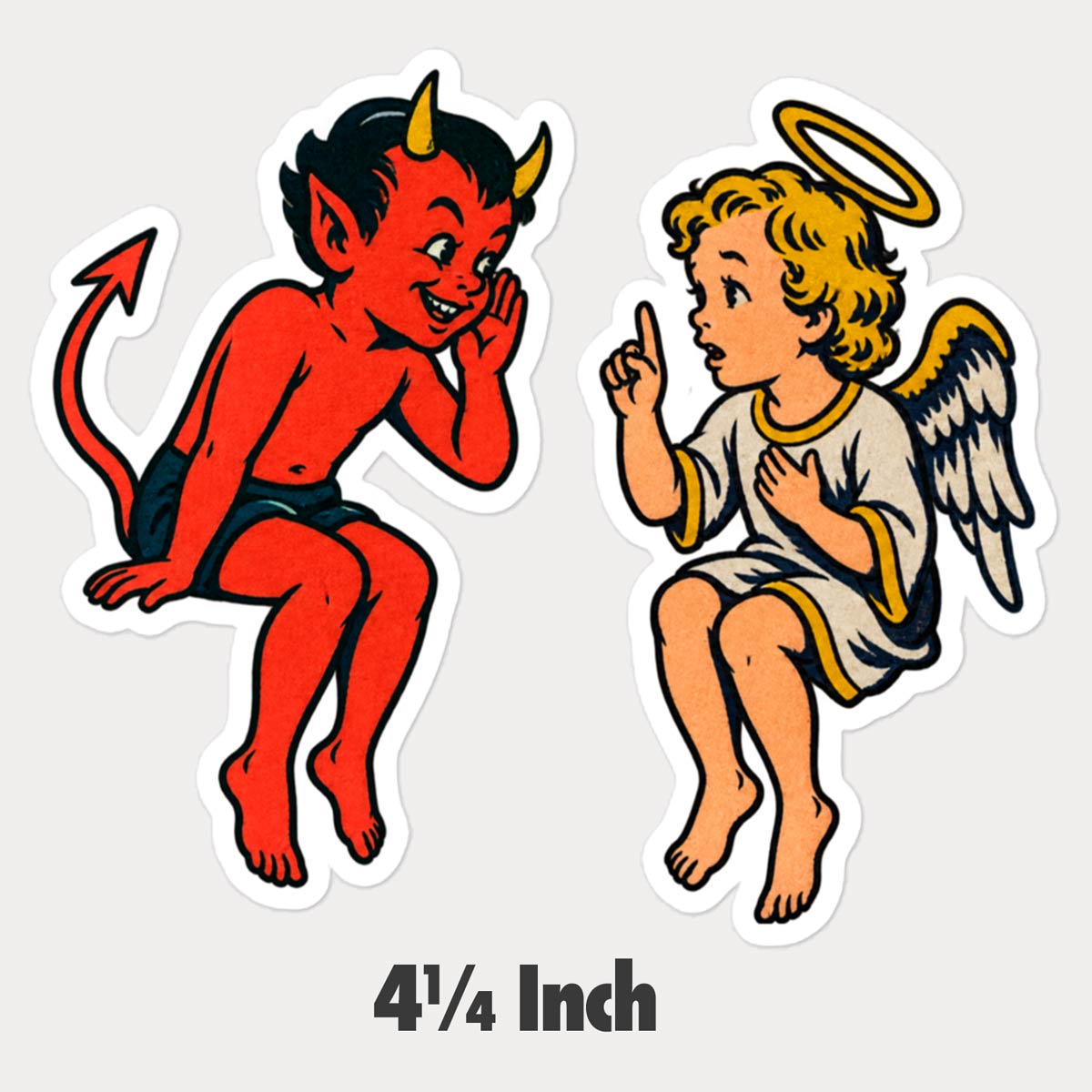 Little angel and little devil two-piece vinyl sticker set in 4¼-inch size