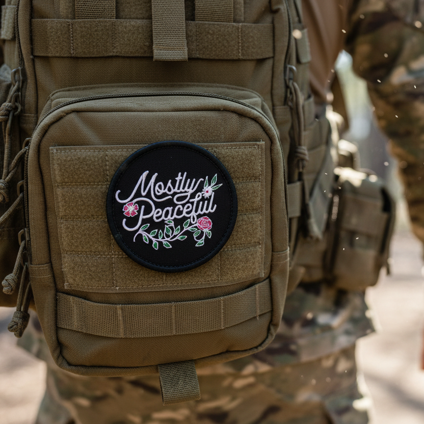 Black patch with 'Mostly Peaceful' text and floral designs on a white background