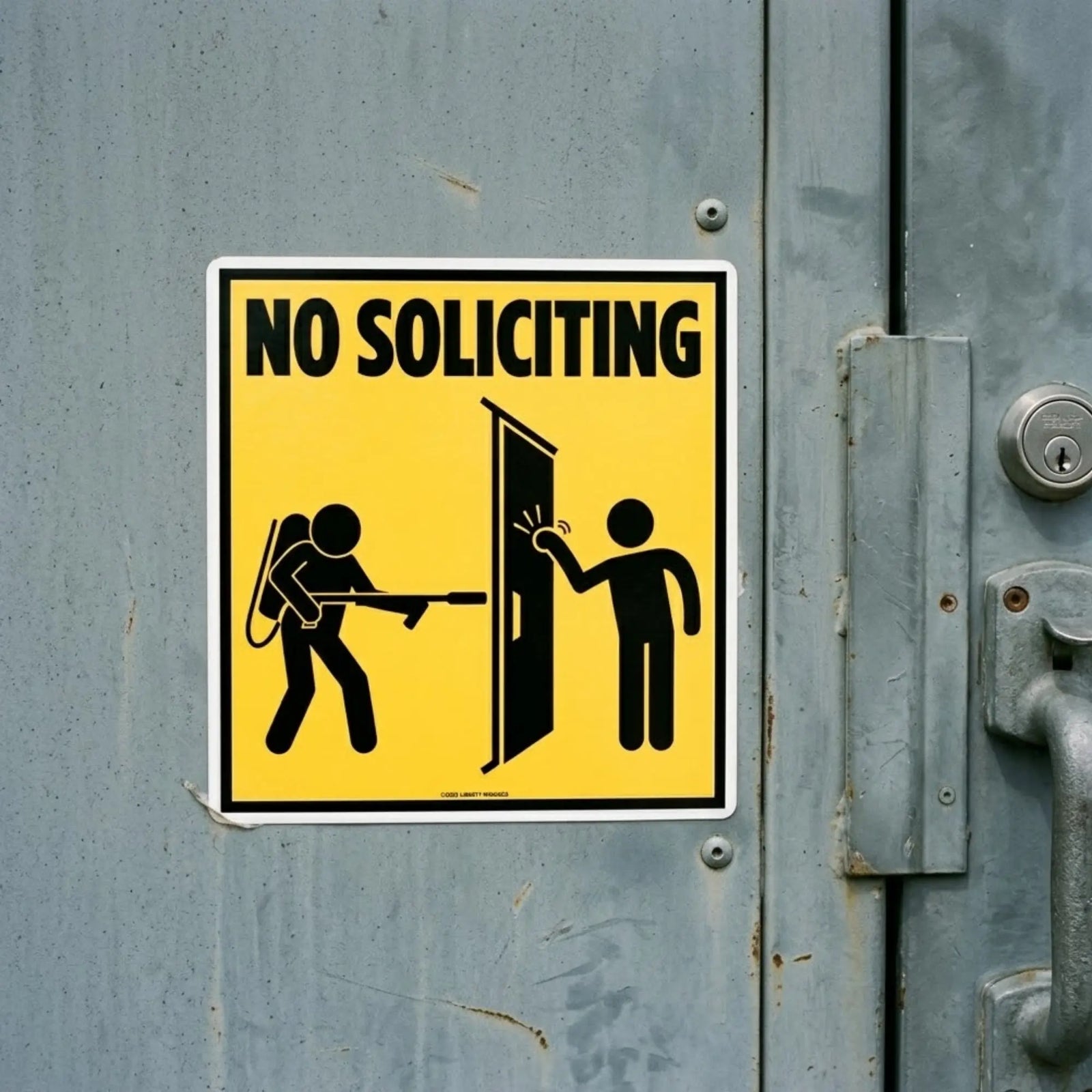 No Soliciting Flamethrower vinyl decal product image with front-door warning satire