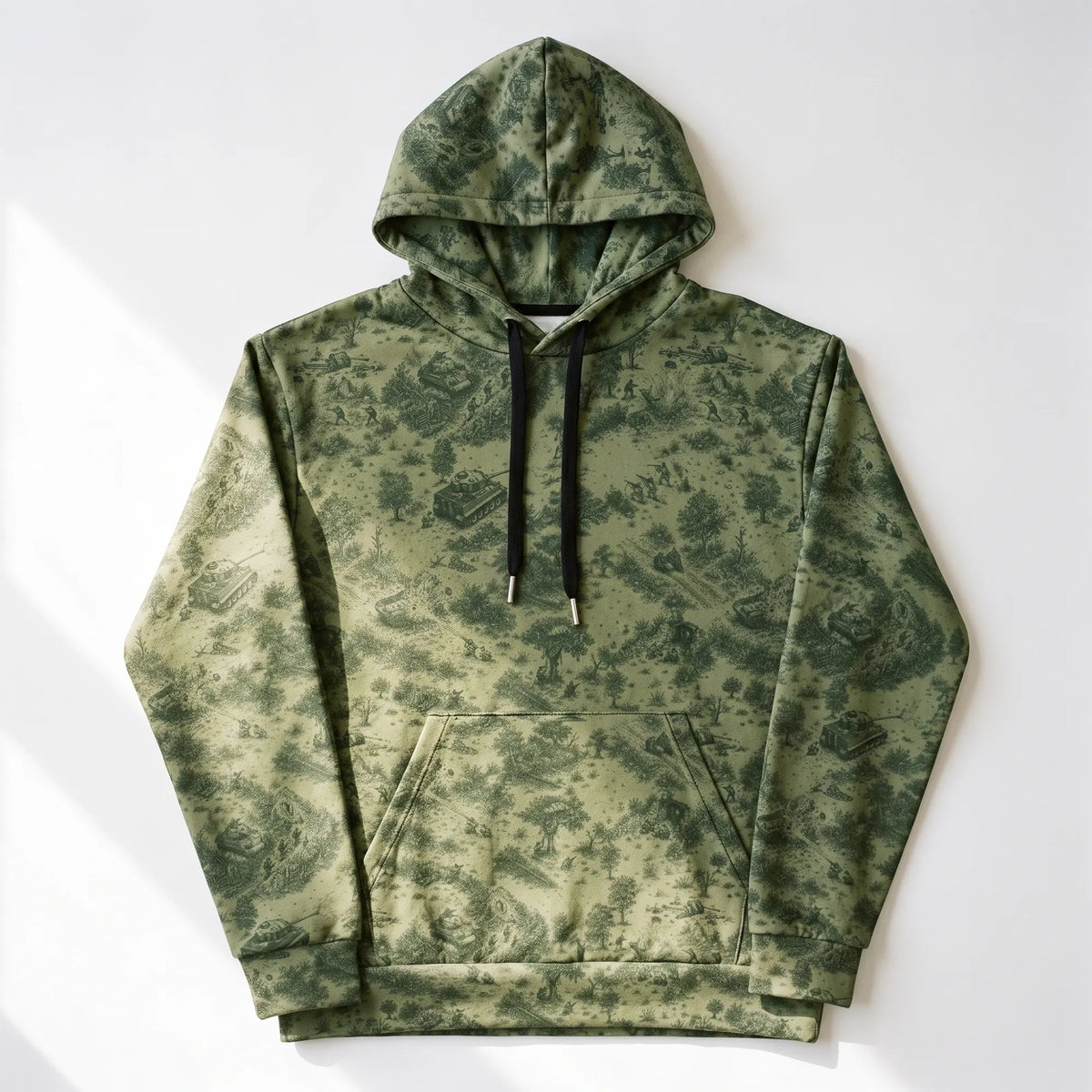 Front view of the Normandy ’44 Toile Pullover Drab Hoodie with olive green and white WWII battlefield illustrations.