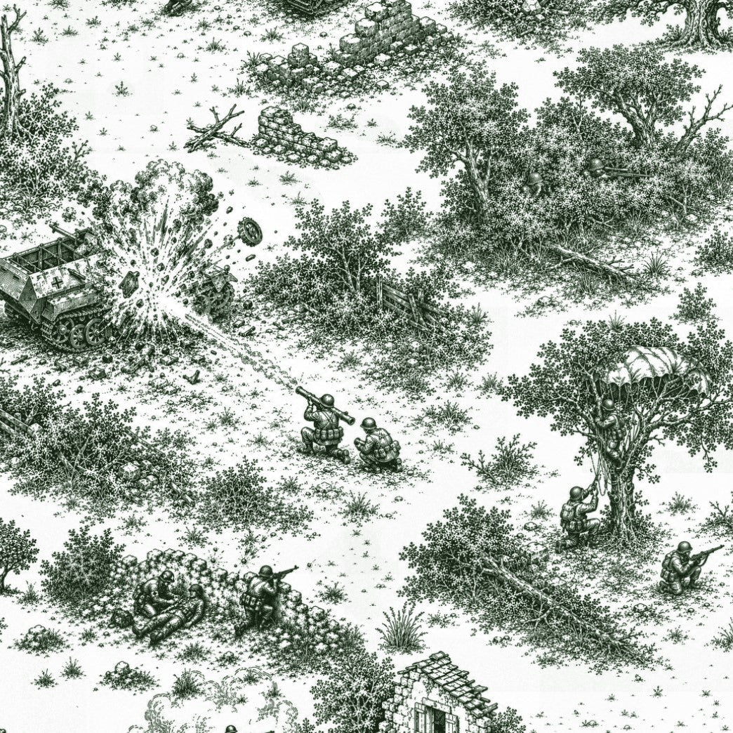 Black and white toile-style military scene print featuring soldiers, trees, a vehicle with an explosion, and a parachute on a white background. From the Normandy ’44 Toile Button Up Shirt.