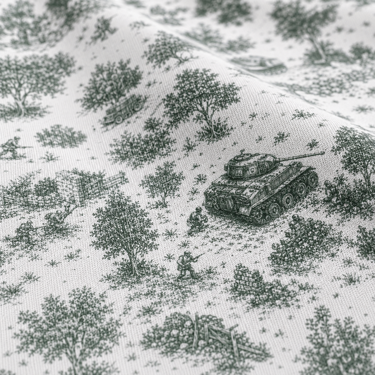 Close-up of a white fabric with a dark green military toile pattern featuring trees, soldiers, and a tank.