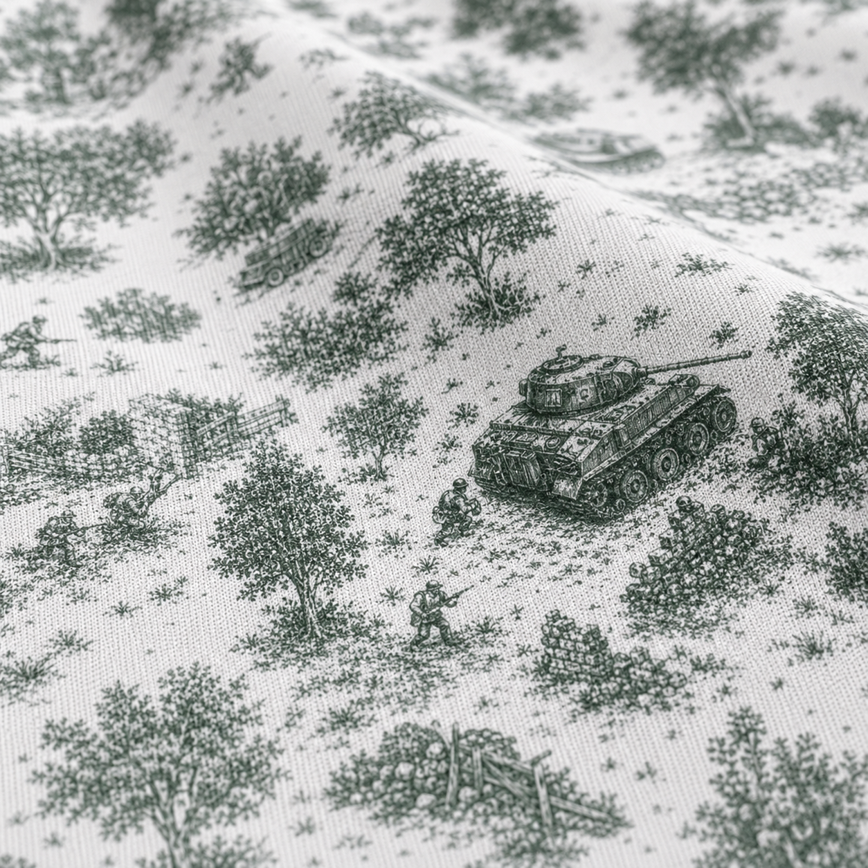 Close-up of a white fabric with a dark green military toile pattern featuring trees, soldiers, and a tank.