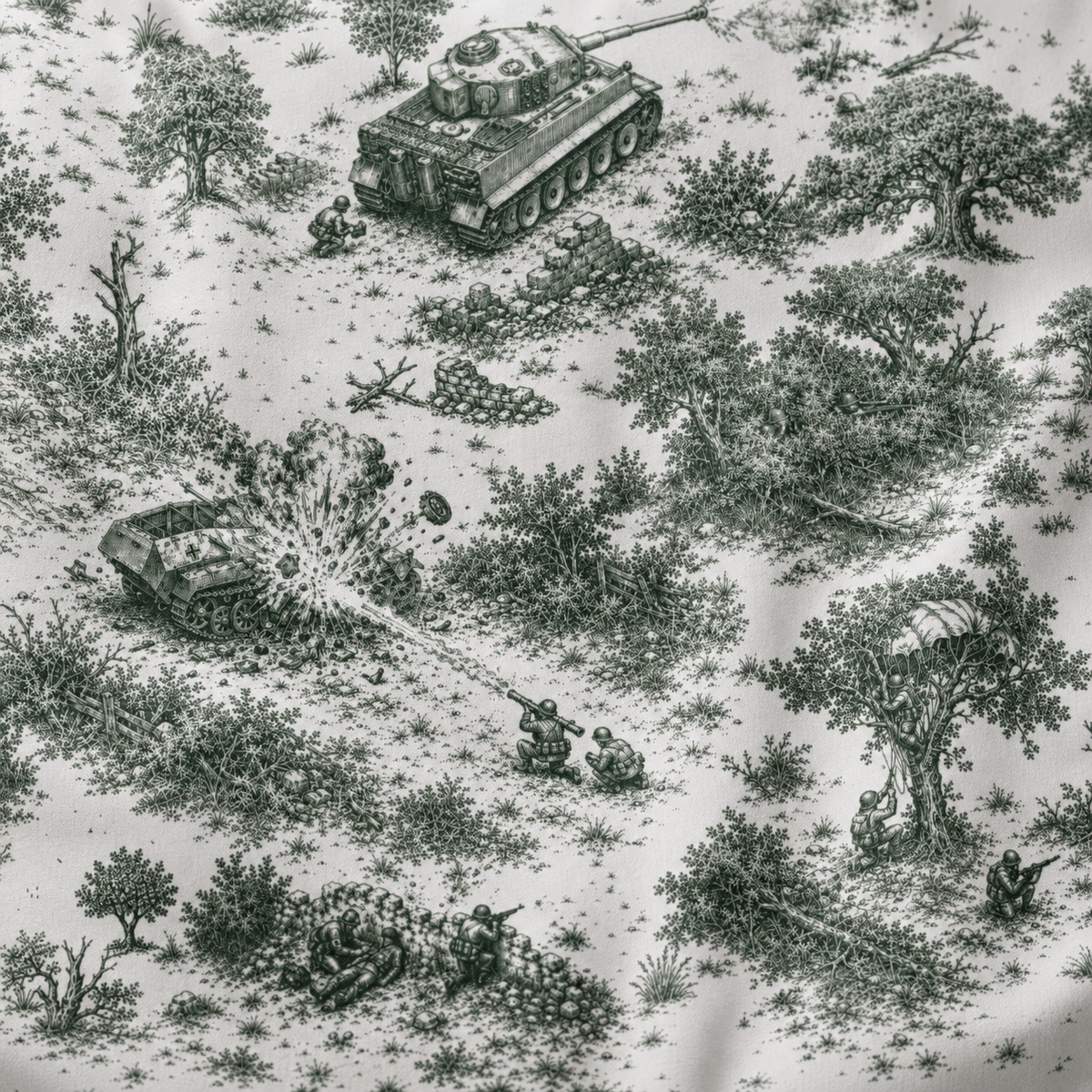 A close-up of a white fabric printed with a detailed black military scene featuring tanks, soldiers, trees, and explosions in a toile-style pattern.