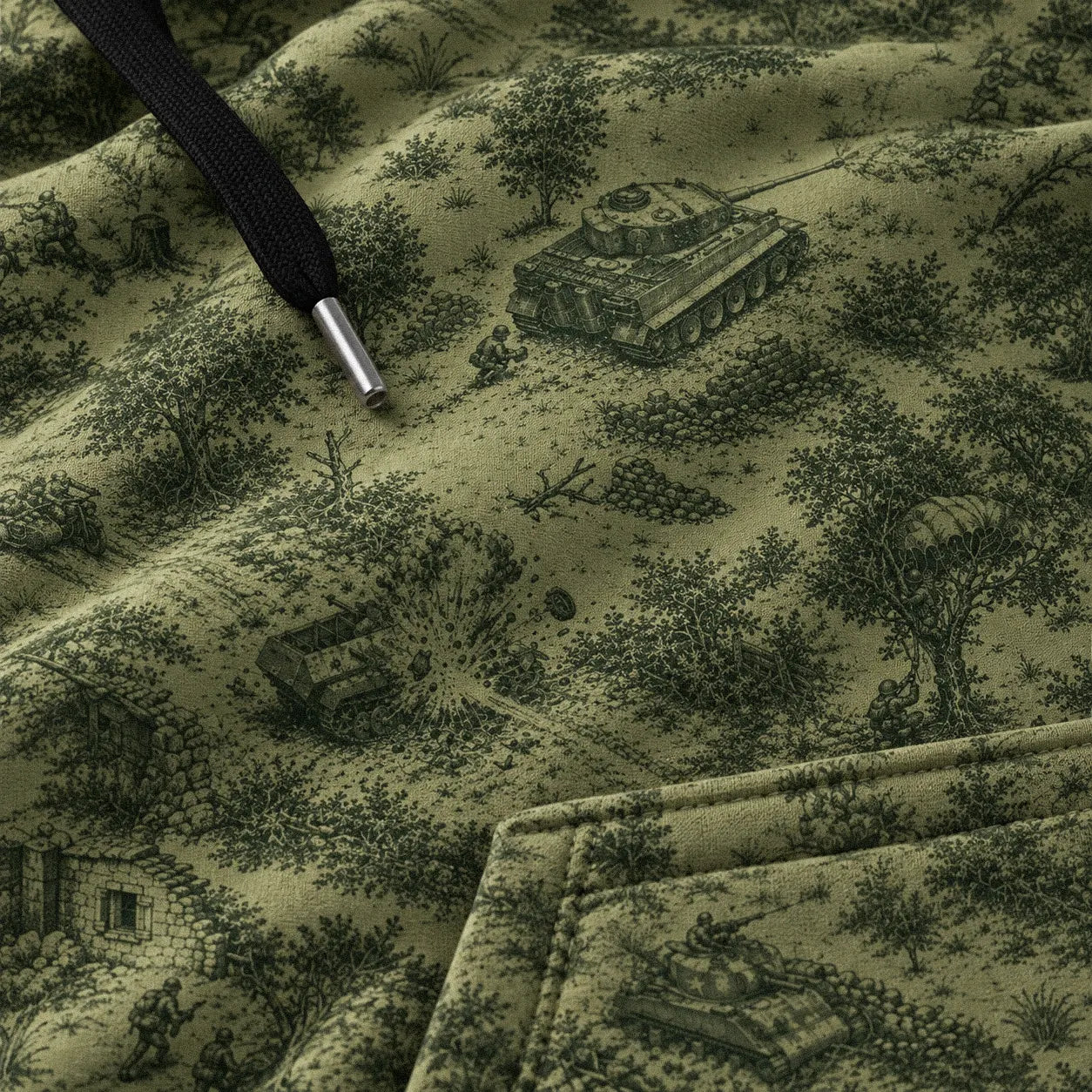 Front view of the Normandy ’44 Toile Pullover Drab Hoodie with olive green and white WWII battlefield illustrations.