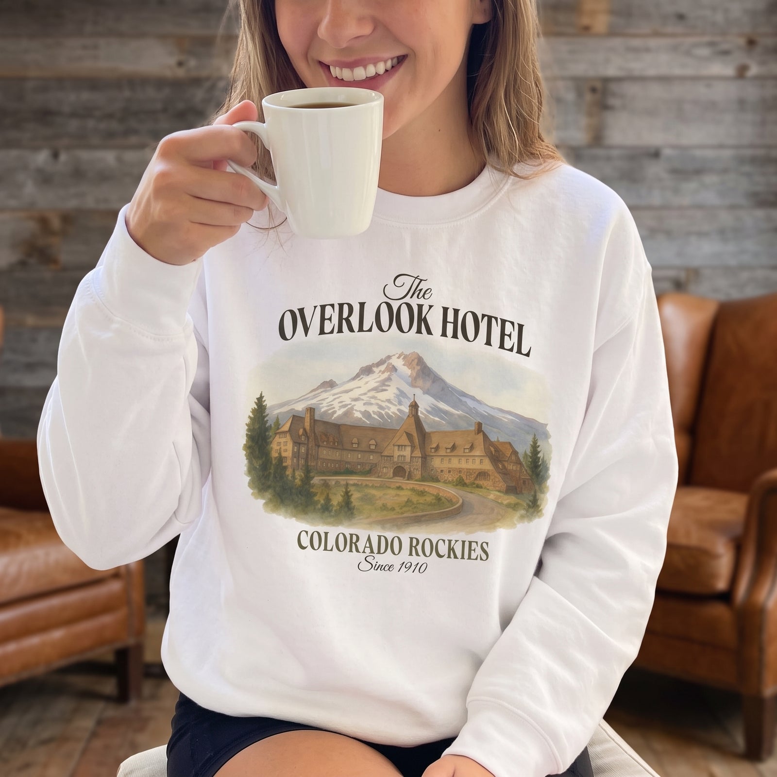 White Overlook Hotel garment-dyed crewneck sweatshirt, front view