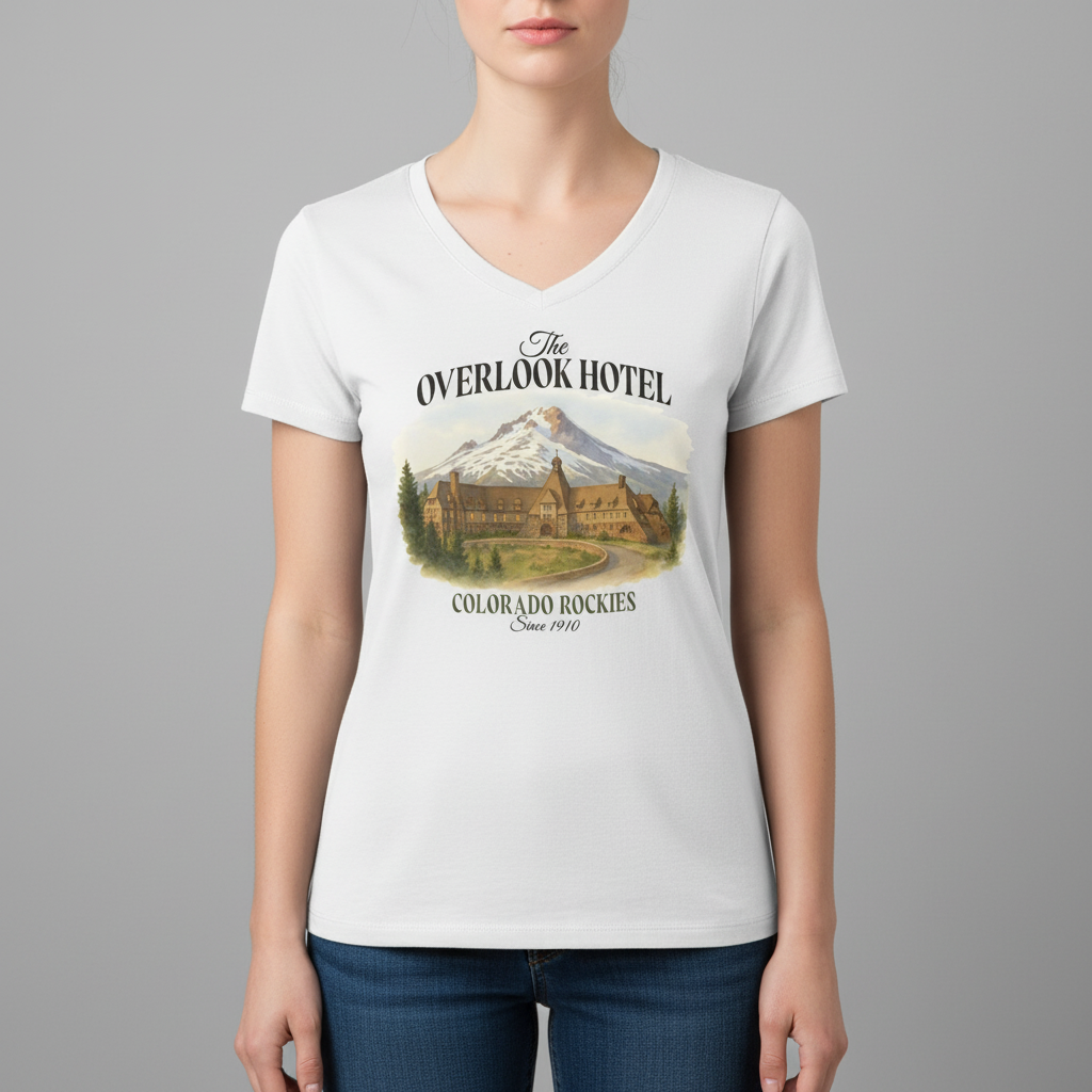 White t-shirt with 'The Overlook Hotel' graphic design on a gray background