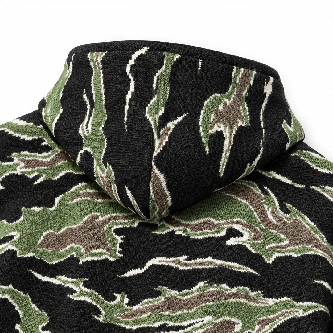 Rear hood detail of the Tiger Stripe Camo Sweater Hoodie, showing knitted camouflage