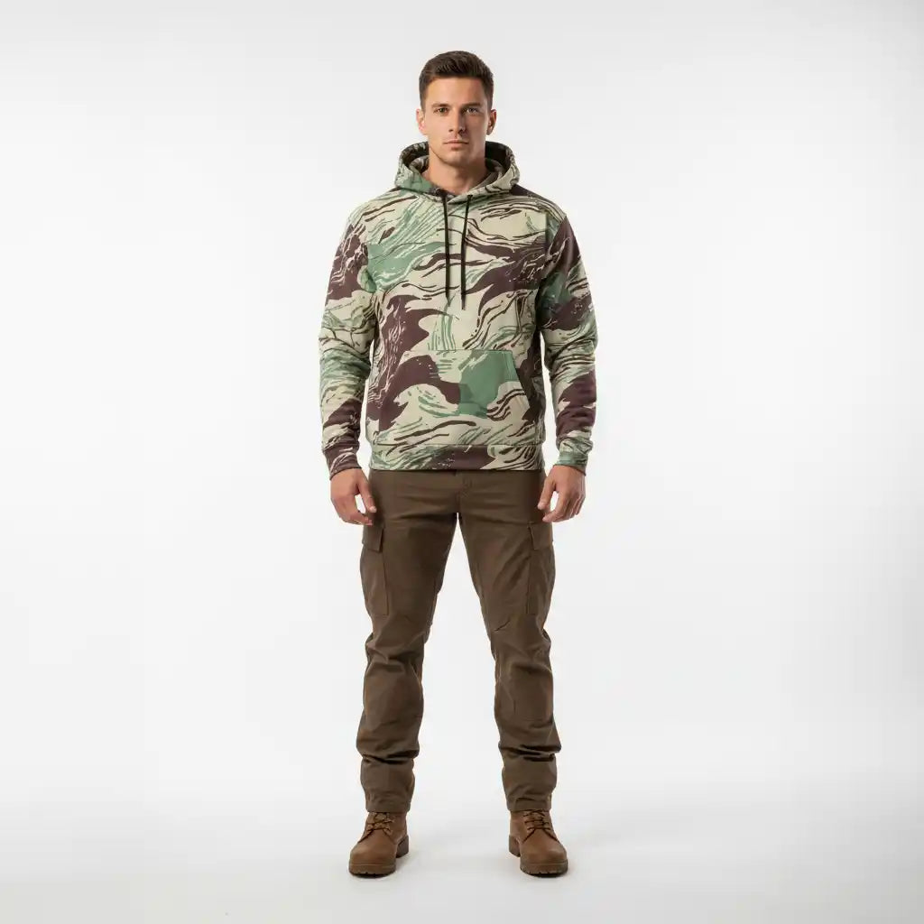 Person wearing a Rhodesian Brushstroke Camo Cotton Hoodie by Liberty Maniacs and brown pants on a white background