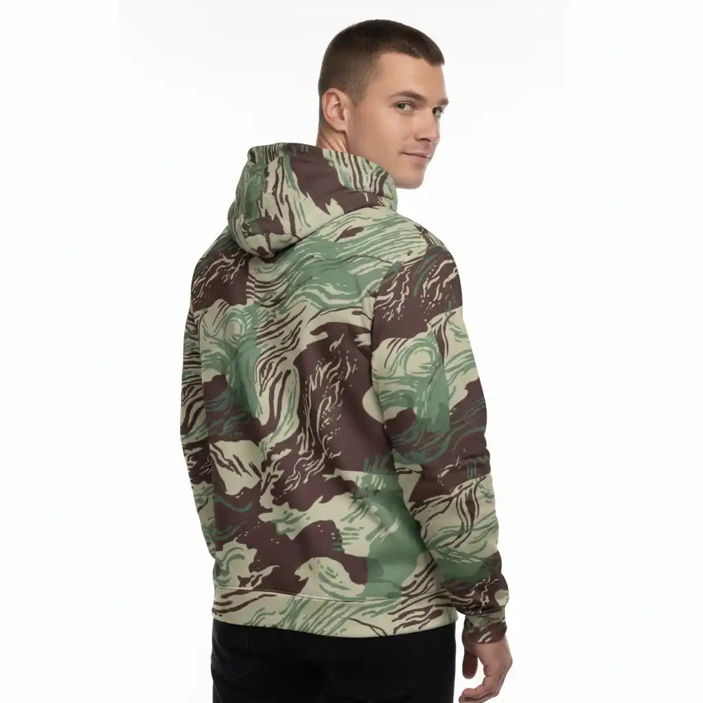 Person wearing a Rhodesian Brushstroke Camo Cotton Hoodie by Liberty Maniacs