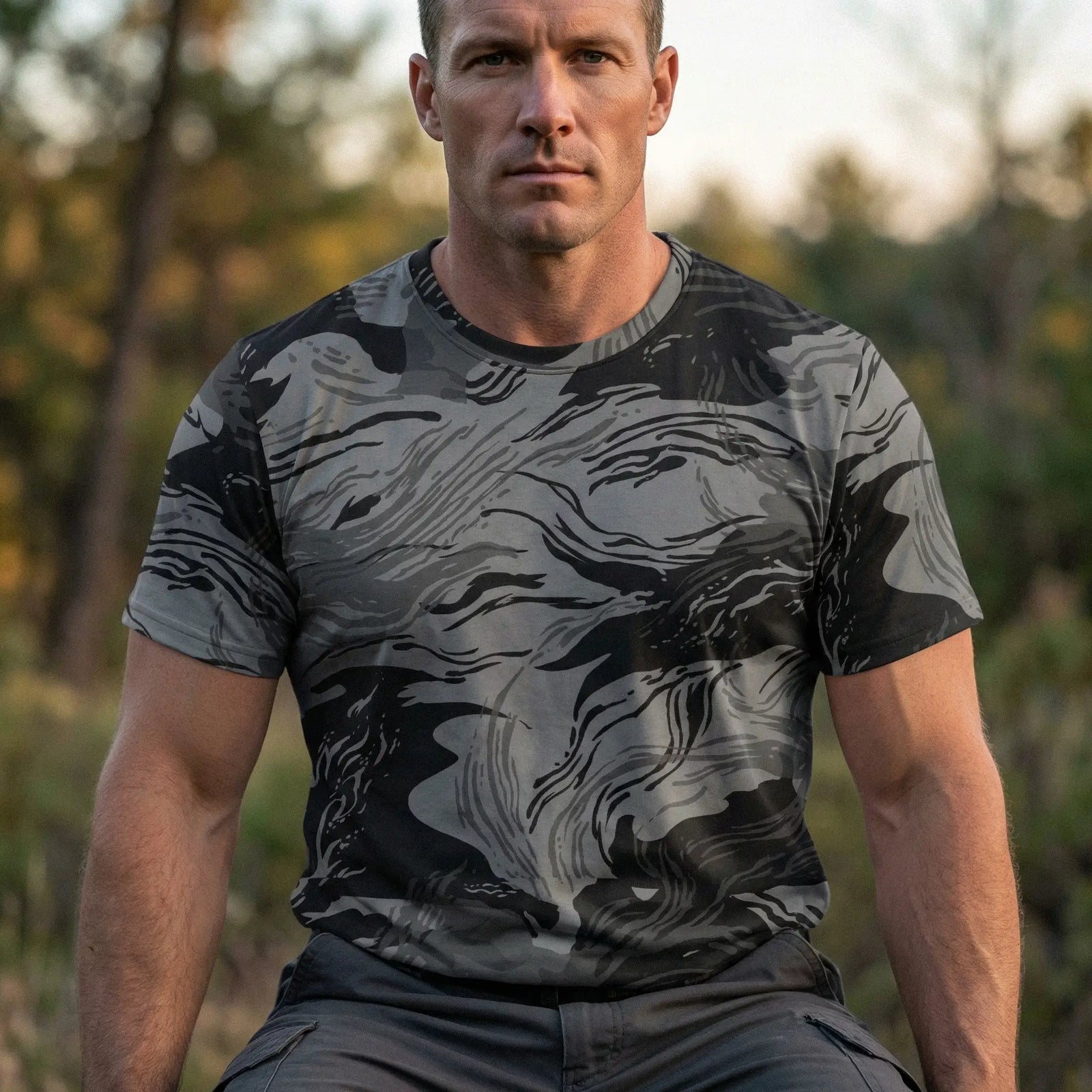 Man wearing a Rhodesian Brushstroke Night Men’s Cotton Crew Neck T-shit sitting outdoors with trees in the background