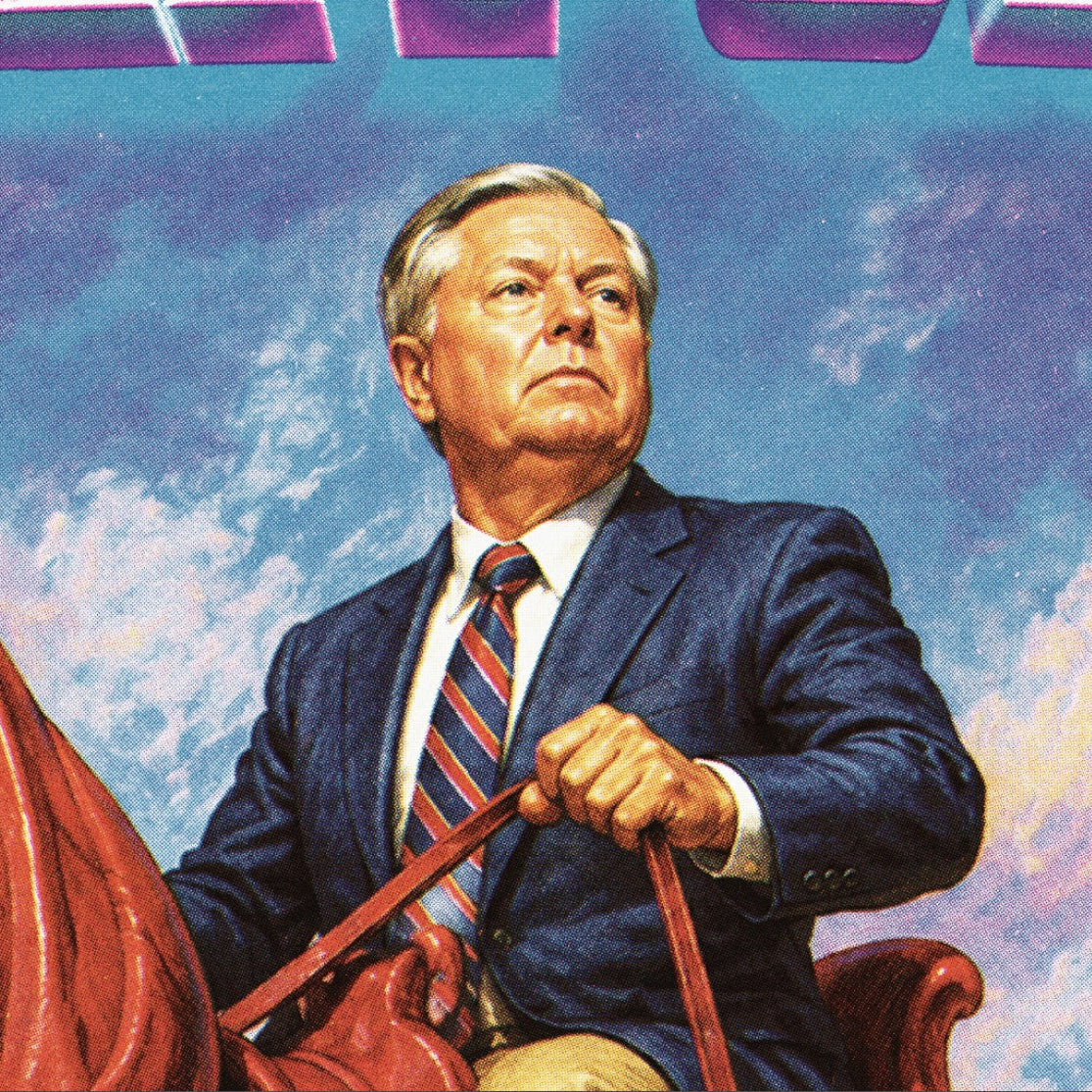 Man in a suit sitting on a red horse with a fantasy castle in the background