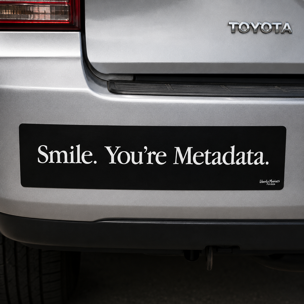 A black rectangular bumper sticker with the white text 'Smile. You're Metadata.