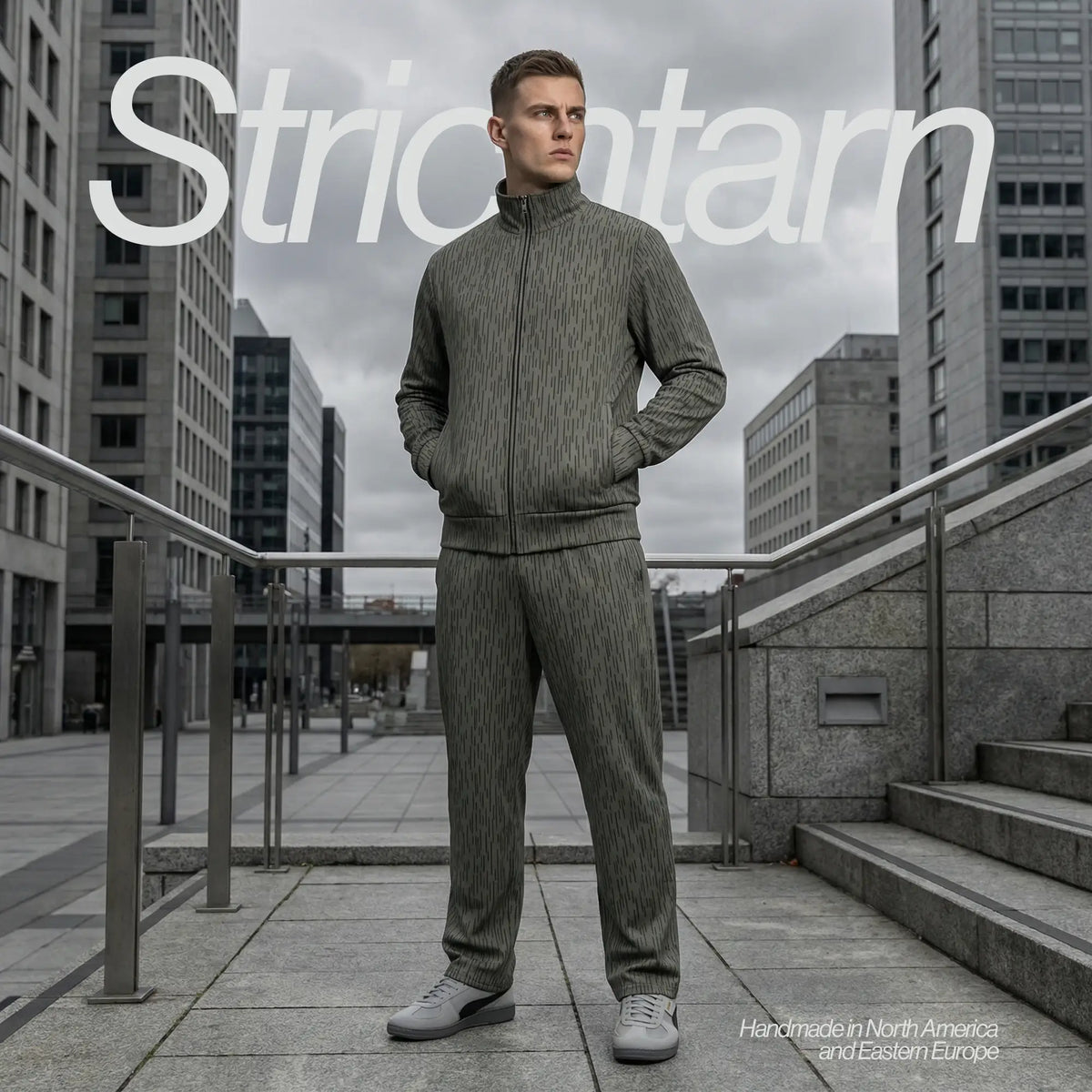 Man in a gray tracksuit standing on a city street with 'Stricntarn' branding.