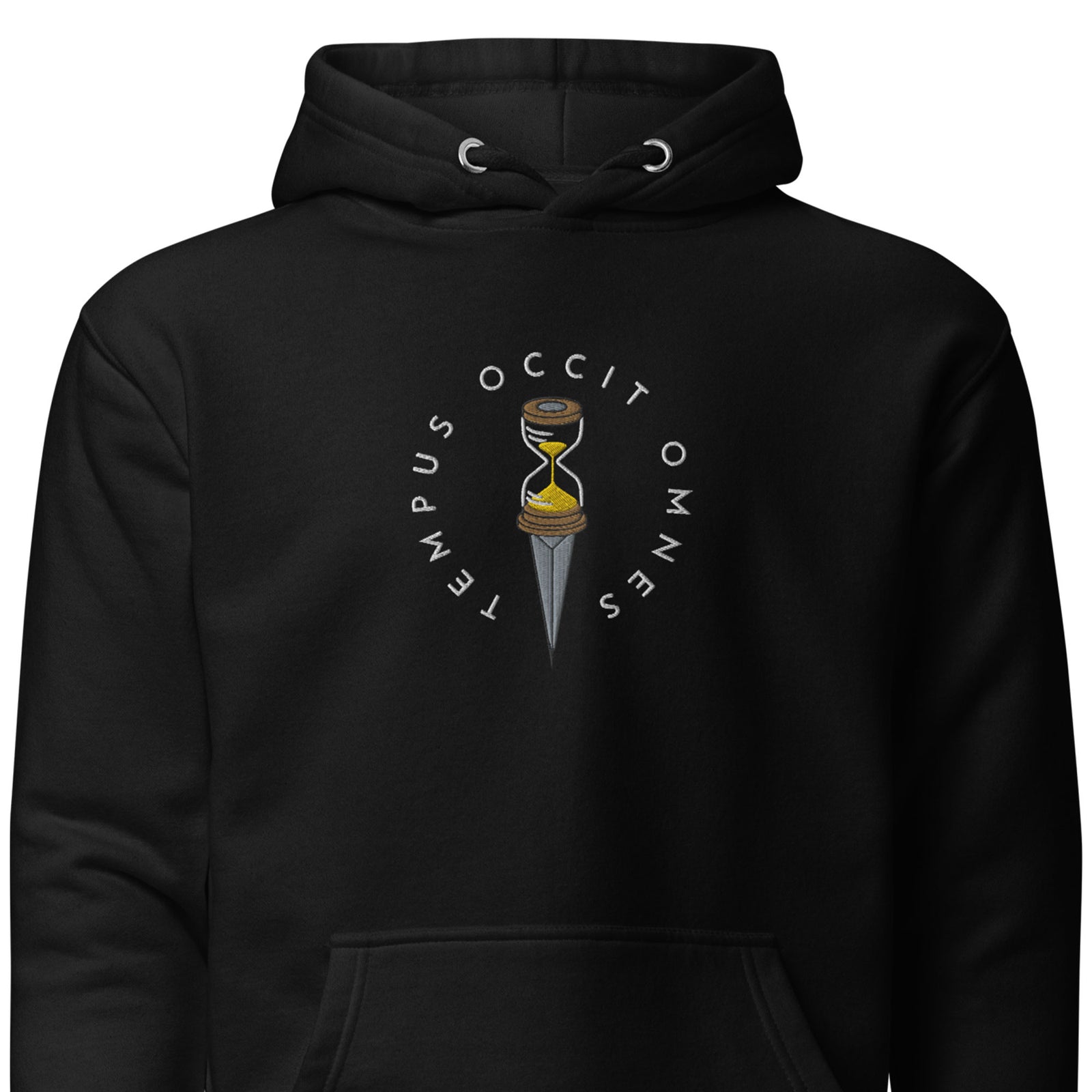 Black hoodie with the Latin phrase 'Tempus Occit Omnes' embroidered on the front near the center, featuring a hourglass design within the letters.