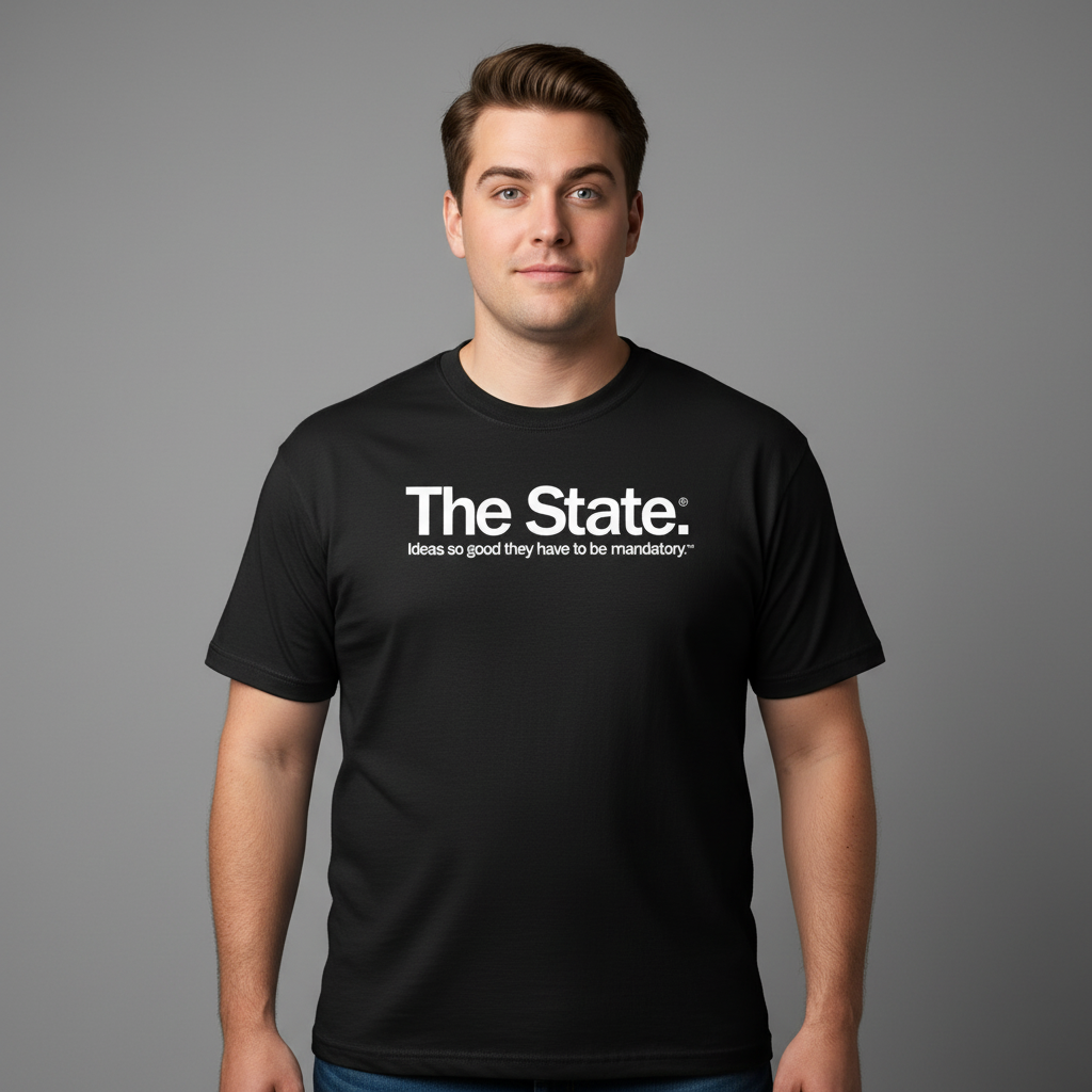 Man wearing a 3XL black t-shirt from Liberty Maniacs that says "THE STATE. IDEAS SO GOOD THEY HAVE TO BE MANDATORY" written in white text. 