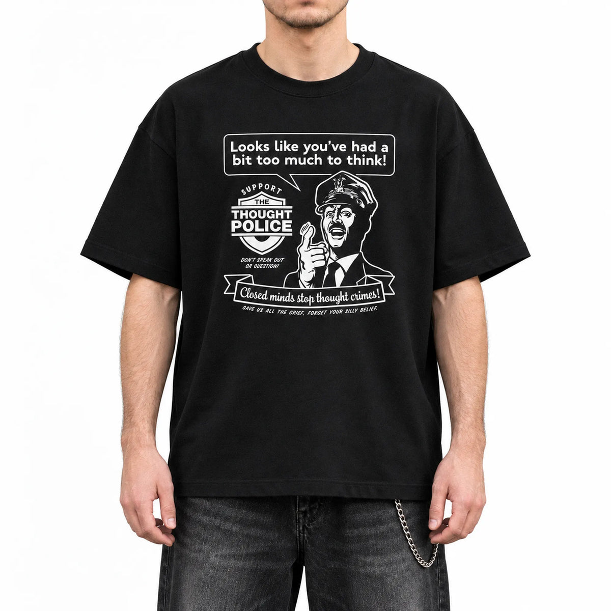 Too Much To Think Retro Thought Police Oversized Boxy Tee