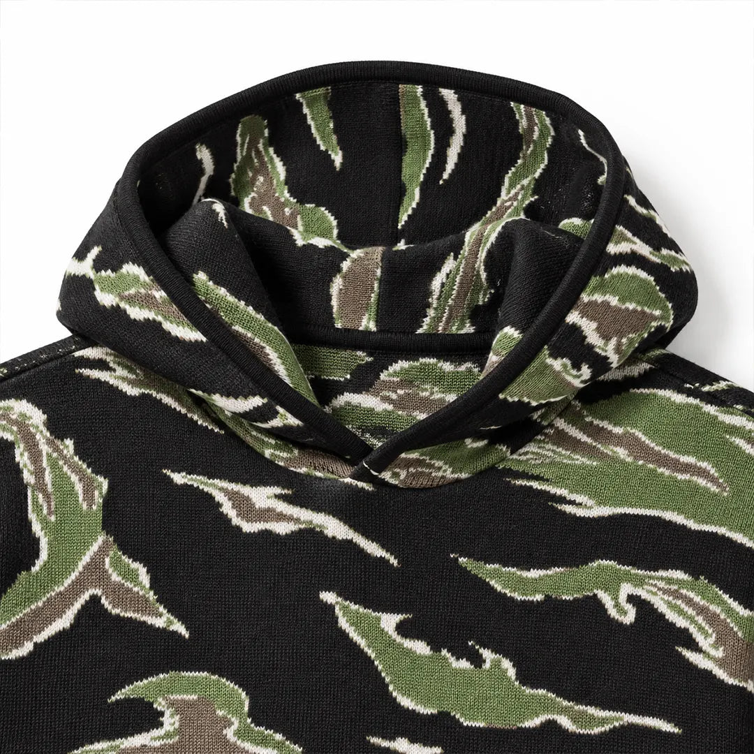 Tiger Stripe Camo Sweater Hoodie in olive green, brown and cream jacquard knit, front product view