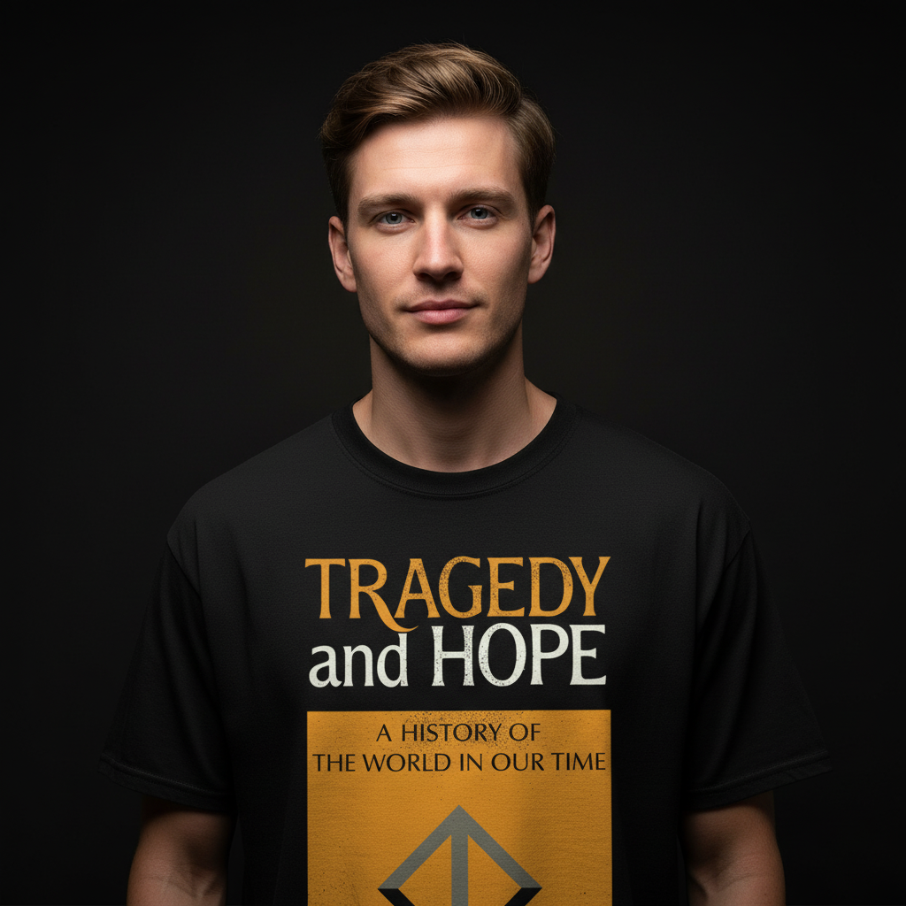 Person wearing a black t-shirt with &#39;Tragedy and Hope&#39; book cover design.