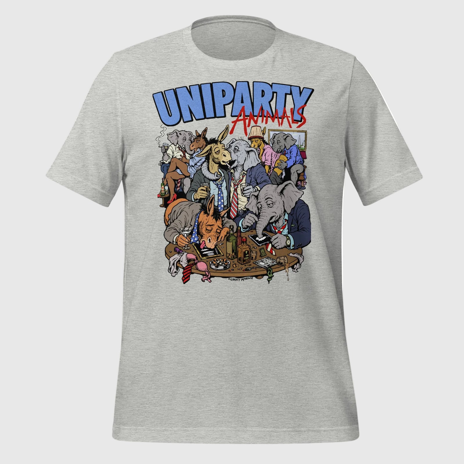 Uniparty Animals T-Shirt by Liberty Maniacs featuring cartoon donkey and elephant mascots in suits at a lively Washington gathering