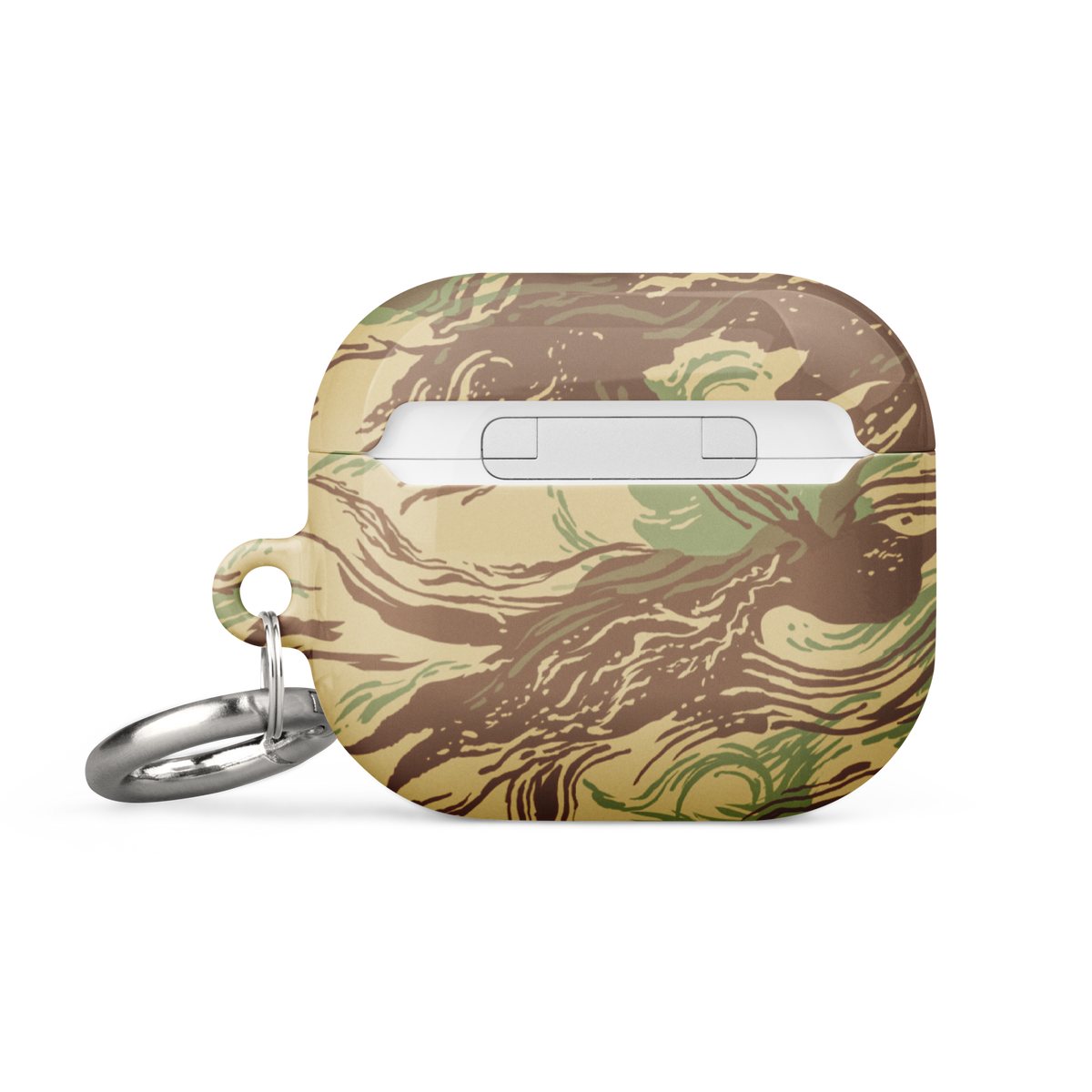 Camouflage-patterned case with a keychain on a white background