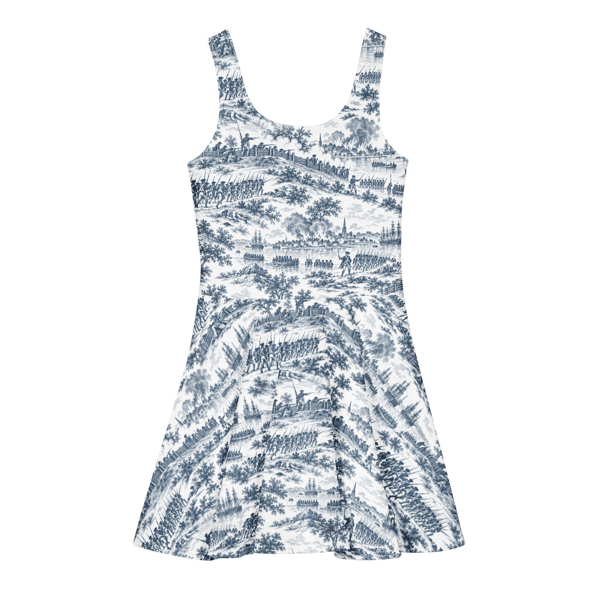 Back product view showing the Battle of Bunker Hill toile pattern across the cotton skater dress