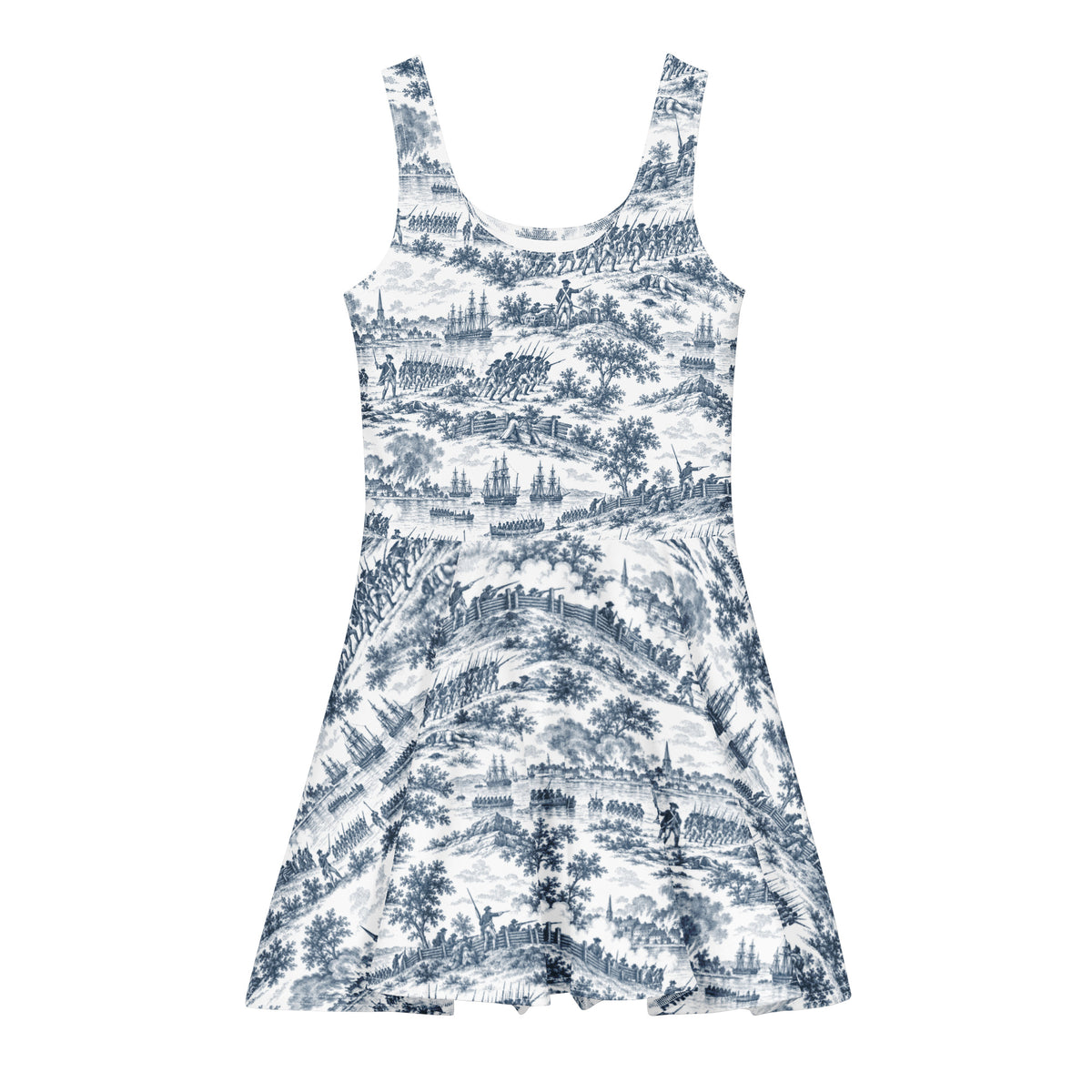 Front product view of the Battle of Bunker Hill cotton skater dress with fitted bodice and flared skirt