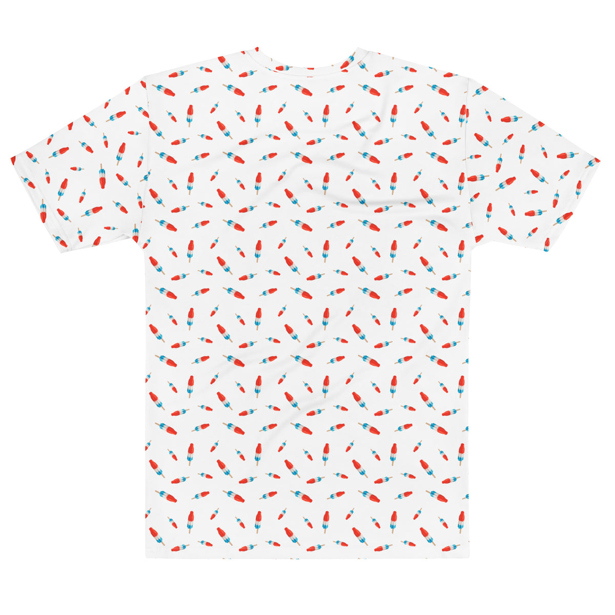 White t-shirt Bomb Pop cotton patterned t-shirt with red and blue pattern on a white background