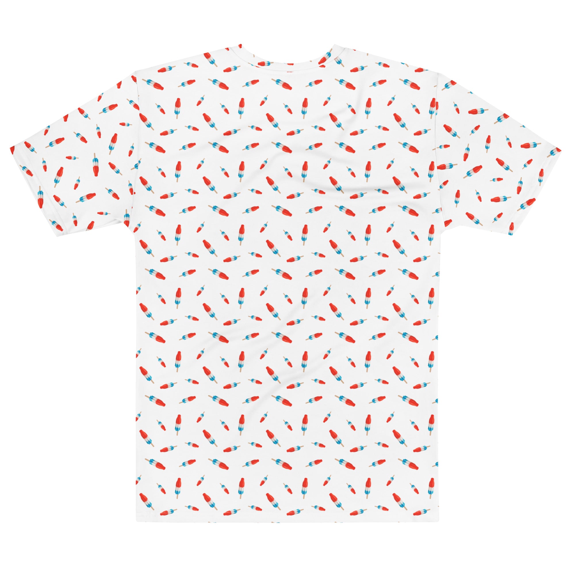 White t-shirt Bomb Pop cotton patterned t-shirt with red and blue pattern on a white background